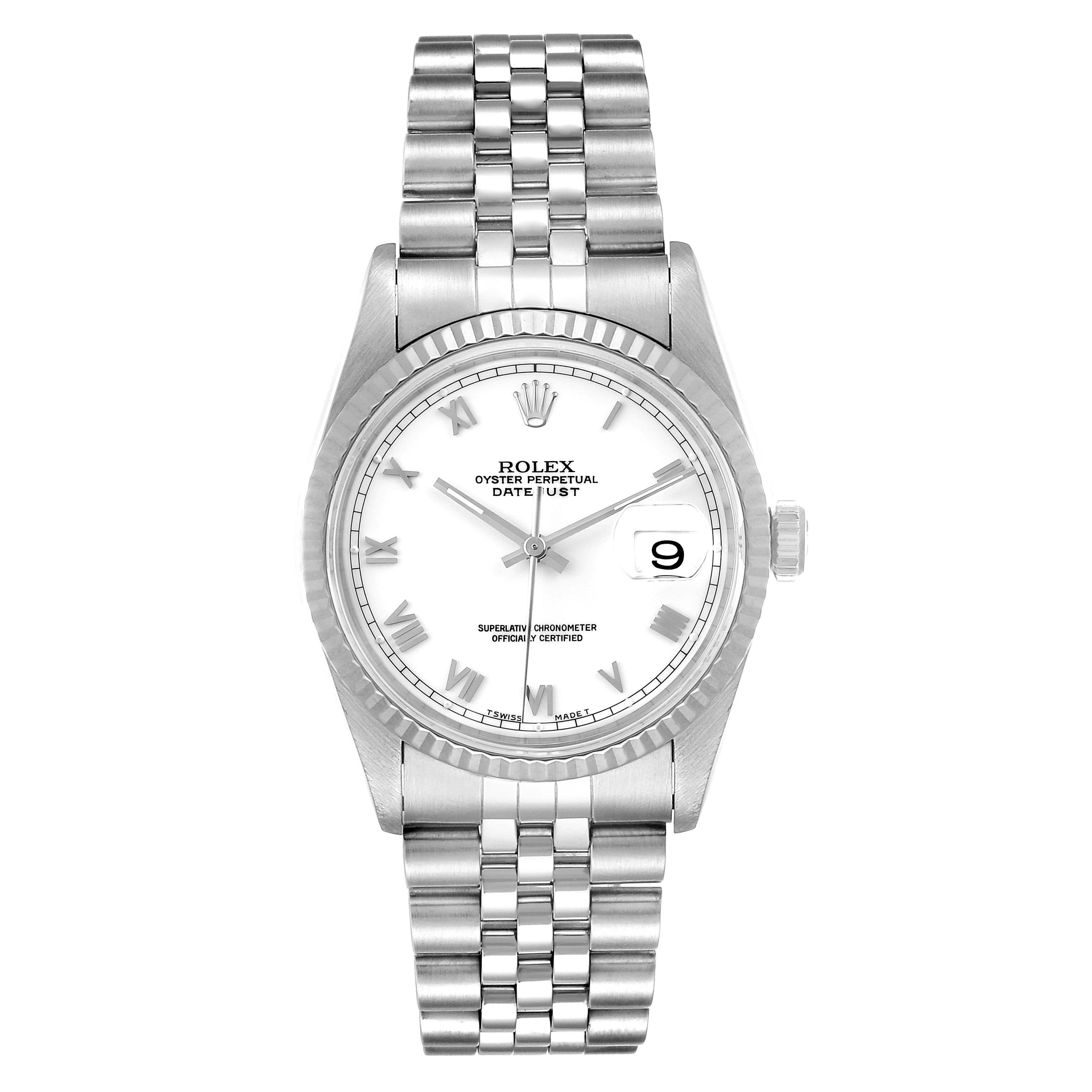 This image shows a front view of the Rolex Datejust 16234 Men's Stainless Steel White Dial 16234 Men's Stainless Steel White Dial model, highlighting its white dial, Roman numerals, and Jubilee bracelet.