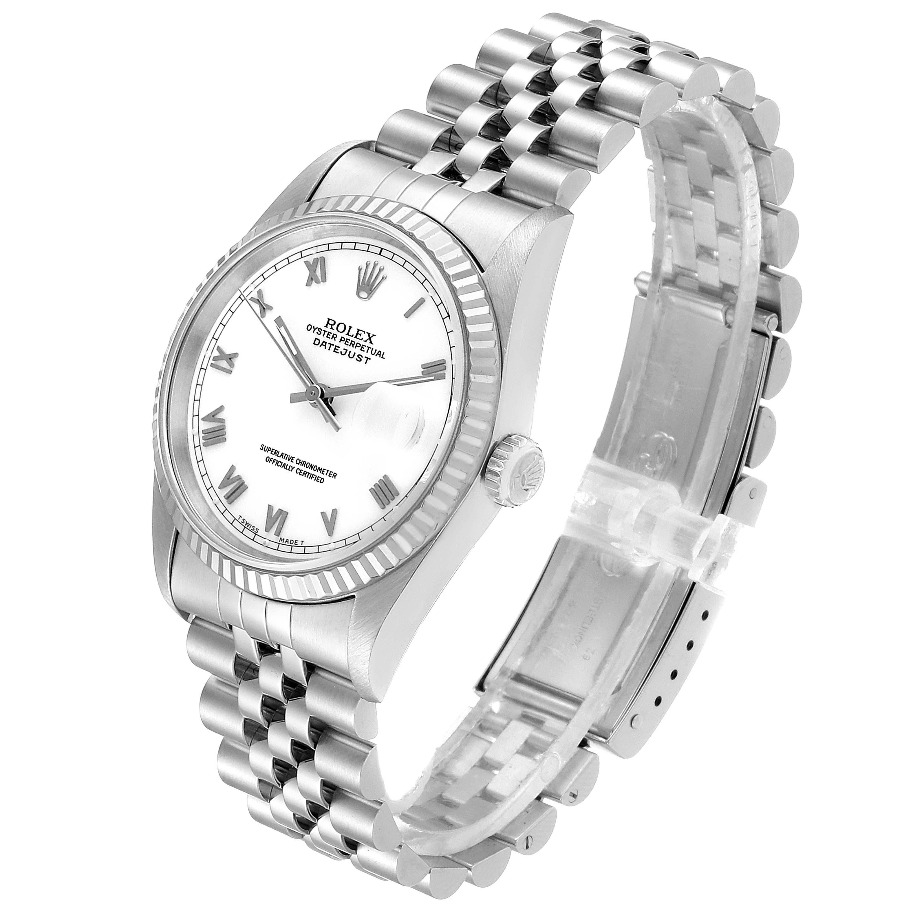 This image shows a Rolex Datejust 16234 Men's Stainless Steel White Dial 16234 Men's Stainless Steel White Dial watch at a slightly angled side view, displaying the dial, fluted bezel, and Jubilee bracelet.