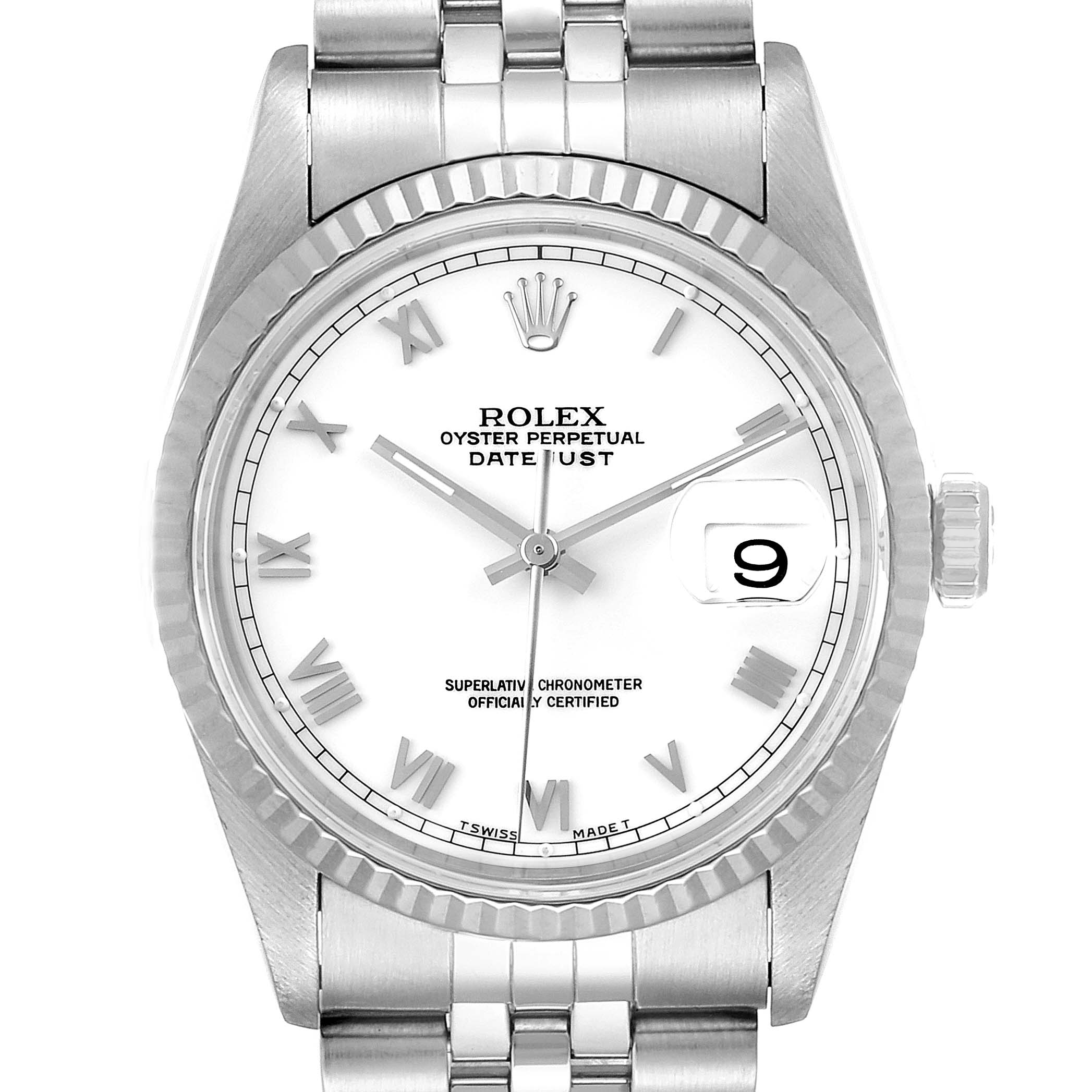 The image shows a front view of a Rolex Datejust 16234 Men's Stainless Steel White Dial 16234 Men's Stainless Steel White Dial watch, displaying its dial, bezel, bracelet, and date window.