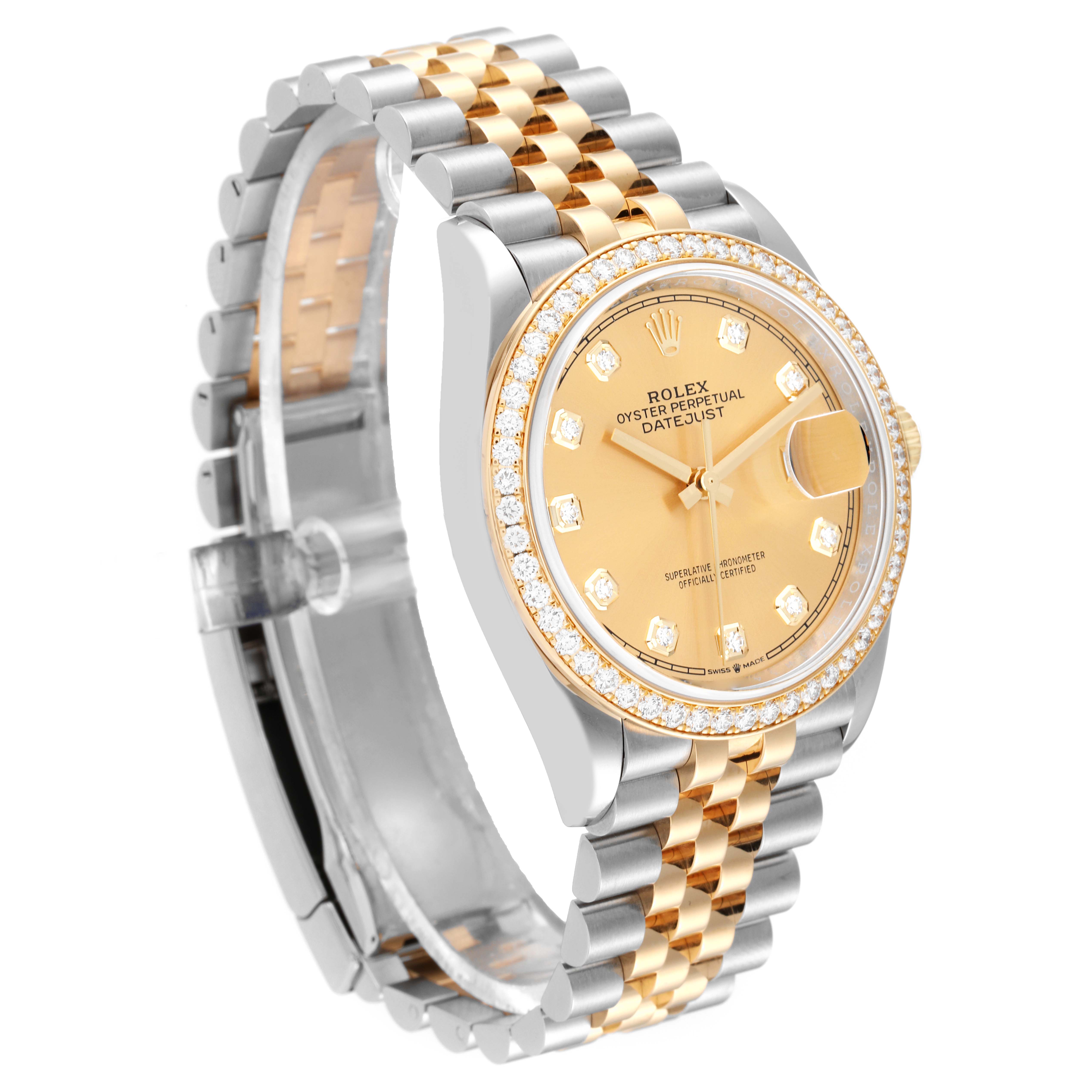 The image shows a Rolex Datejust 126283RBR Men's Steel and Gold (two tone) Champagne Dial 126283RBR Men's Steel and Gold (two tone) Champagne Dial watch at a slight front-side angle, highlighting its bracelet, bezel, dial, and crown.