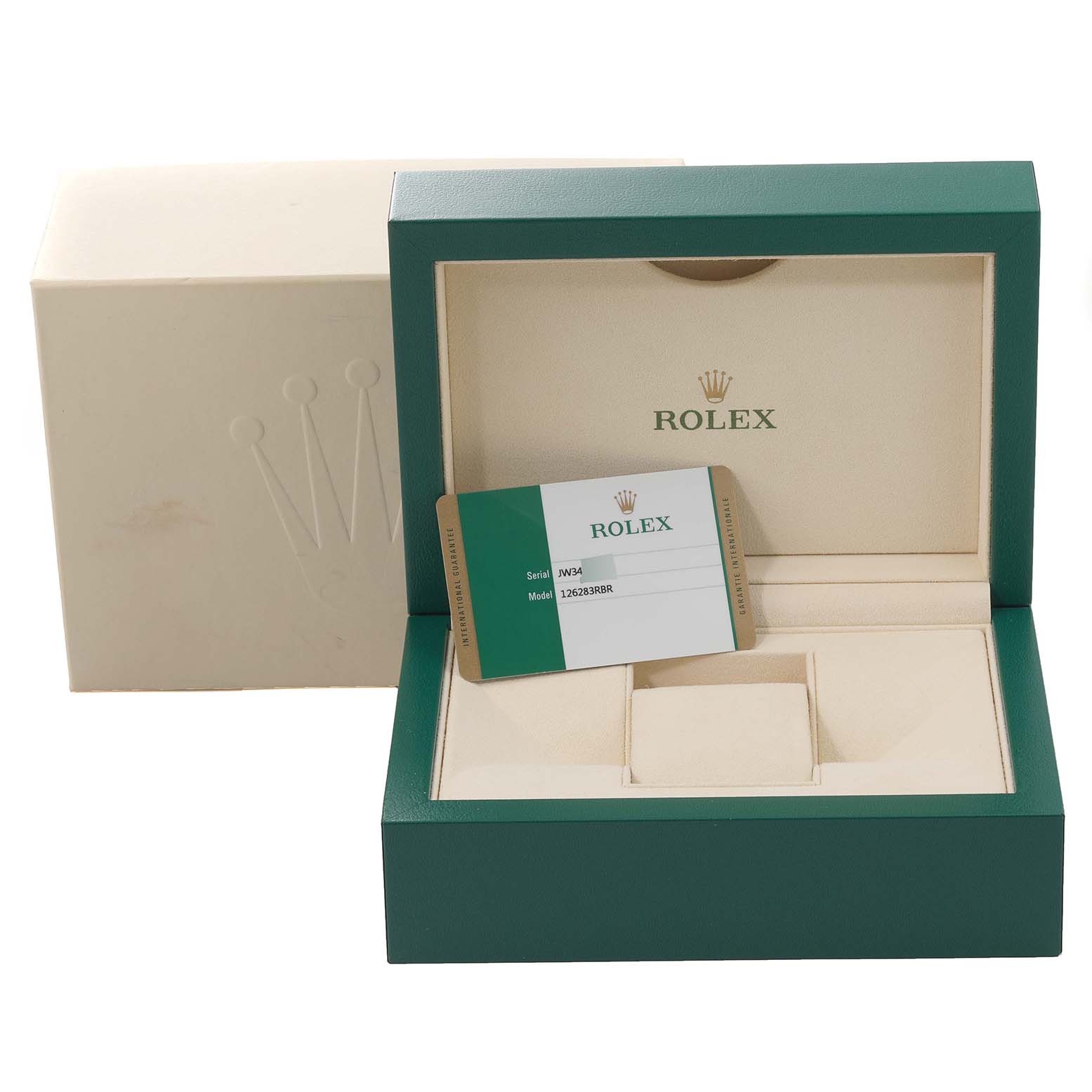 The image shows a Rolex Datejust 126283RBR Men's Steel and Gold (two tone) Champagne Dial 126283RBR Men's Steel and Gold (two tone) Champagne Dial watch box and an authenticity card inside the box.