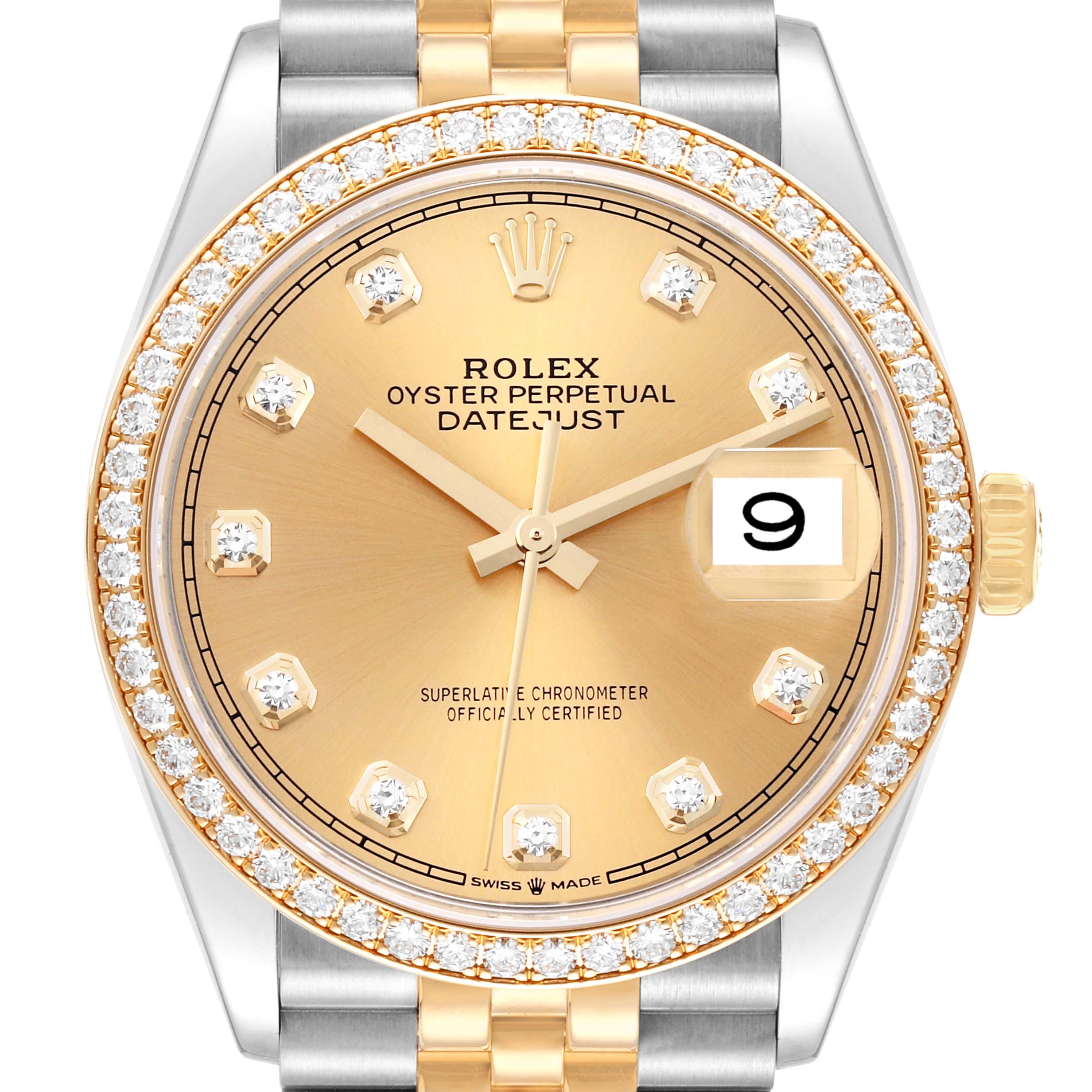 This image shows a frontal view of a Rolex Datejust 126283RBR Men's Steel and Gold (two tone) Champagne Dial 126283RBR Men's Steel and Gold (two tone) Champagne Dial watch, highlighting its diamond-studded bezel, gold dial, and date window.