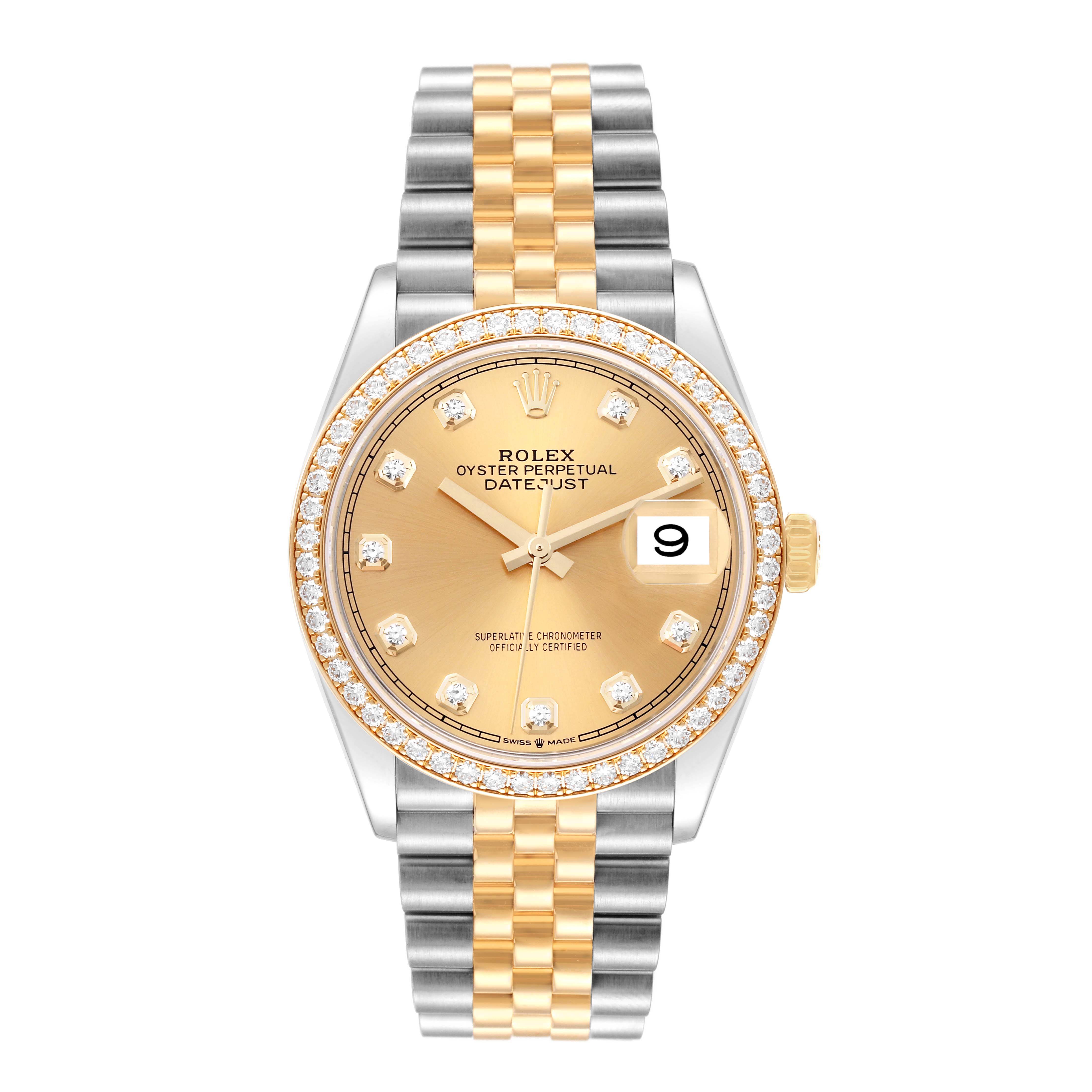 The image shows a front view of a Rolex Datejust 126283RBR Men's Steel and Gold (two tone) Champagne Dial 126283RBR Men's Steel and Gold (two tone) Champagne Dial watch, highlighting its gold dial, diamond bezel, and two-tone bracelet.