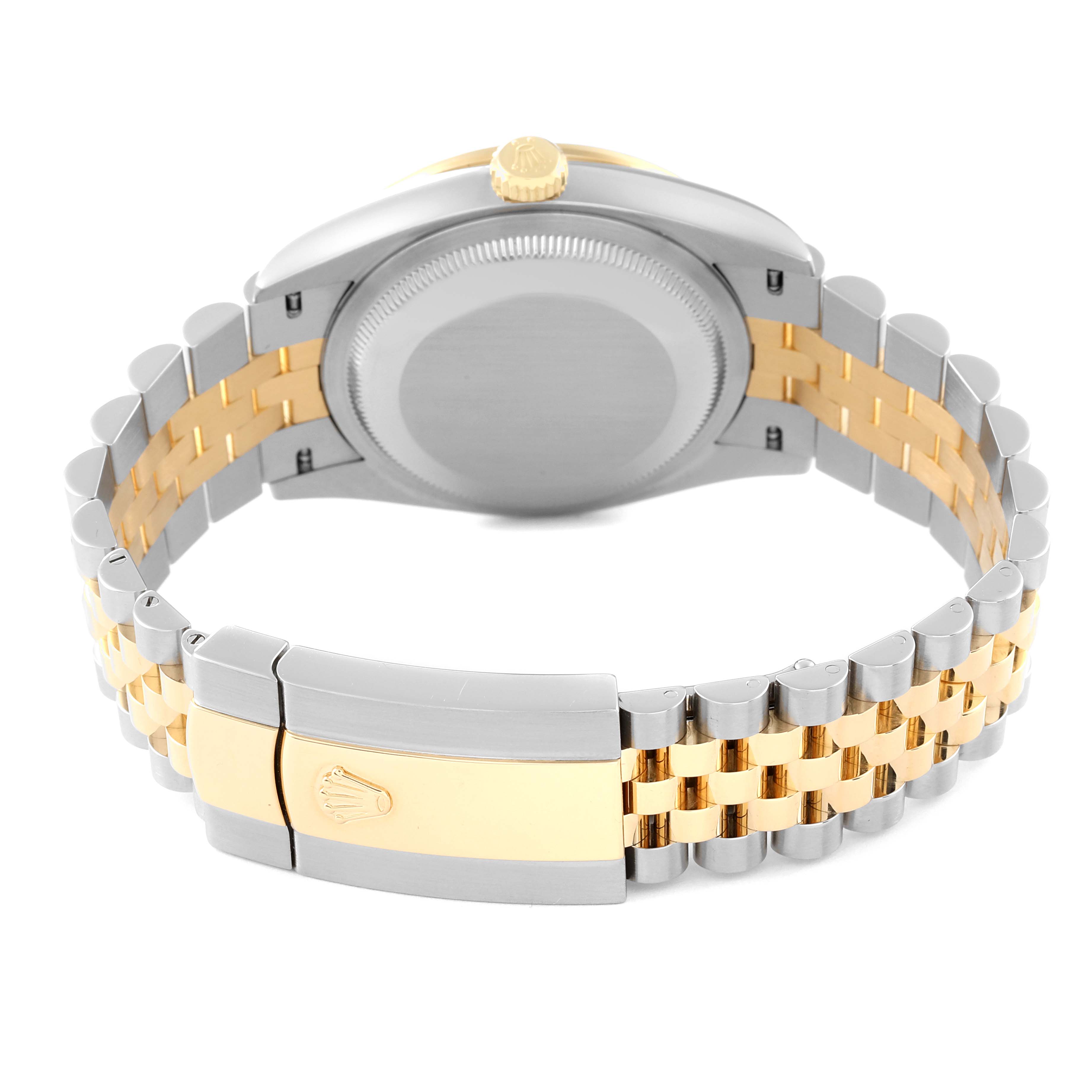This Rolex Datejust 126283RBR Men's Steel and Gold (two tone) Champagne Dial 126283RBR Men's Steel and Gold (two tone) Champagne Dial watch is shown from a rear angle, displaying the case back and the two-tone Jubilee bracelet.