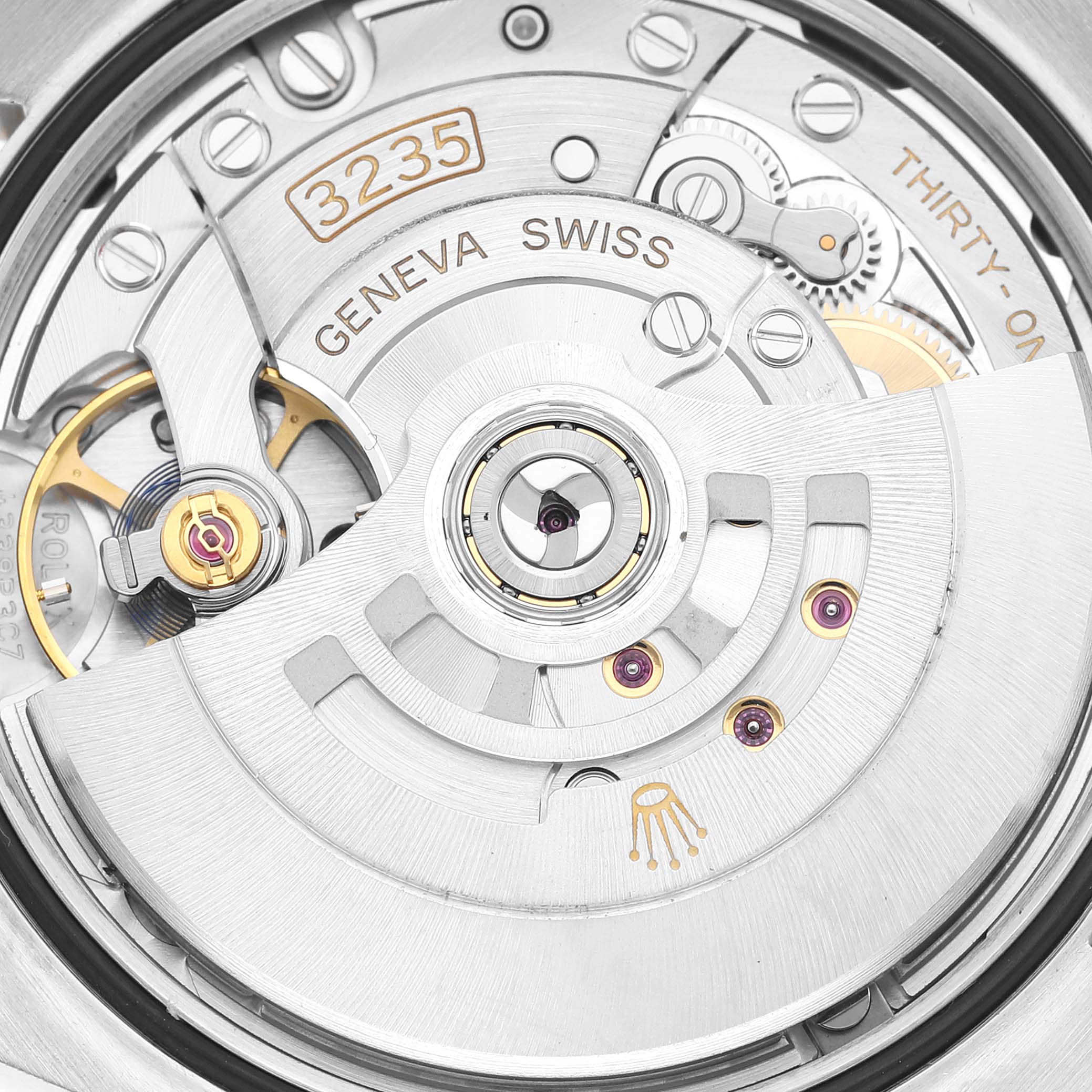 This image shows the internal mechanism of the Rolex Datejust 126283RBR Men's Steel and Gold (two tone) Champagne Dial 126283RBR Men's Steel and Gold (two tone) Champagne Dial model watch from a close-up angle.