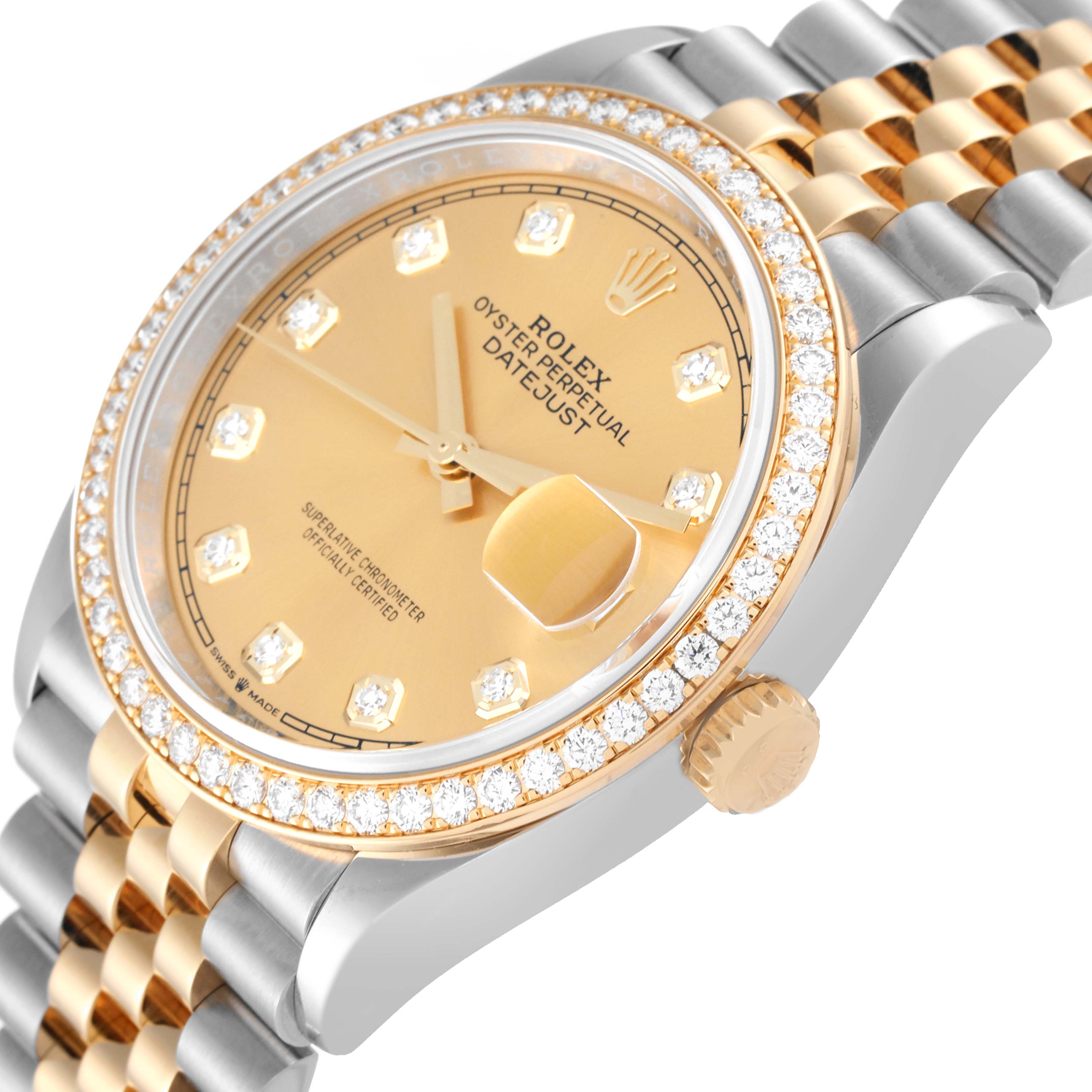 This image shows a close-up of the Rolex Datejust 126283RBR Men's Steel and Gold (two tone) Champagne Dial 126283RBR Men's Steel and Gold (two tone) Champagne Dial watch at an angle highlighting the dial, bezel, and part of the bracelet.