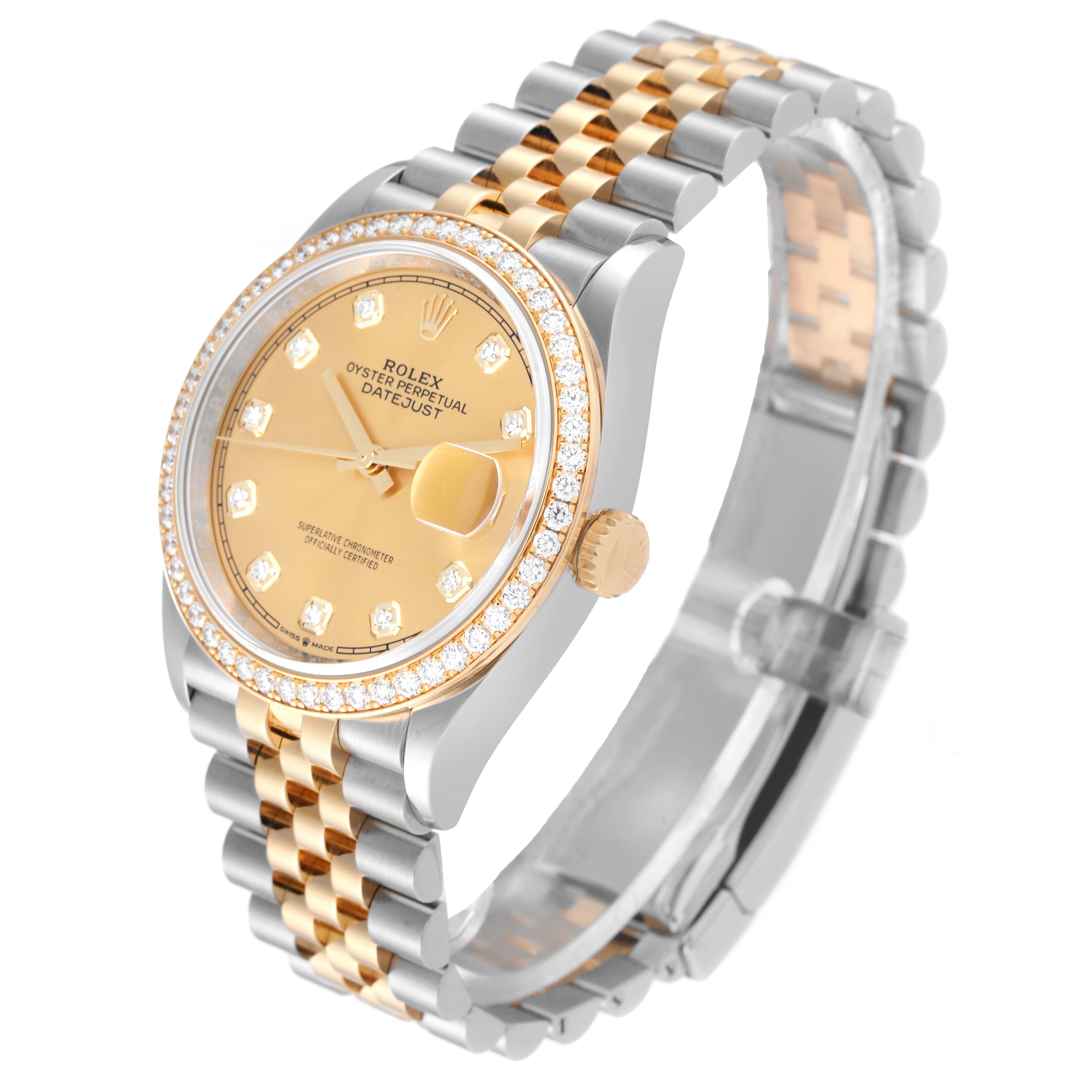 The Rolex Datejust 126283RBR Men's Steel and Gold (two tone) Champagne Dial 126283RBR Men's Steel and Gold (two tone) Champagne Dial watch is shown at an angle from the top right, highlighting the dial, bezel, and bracelet.