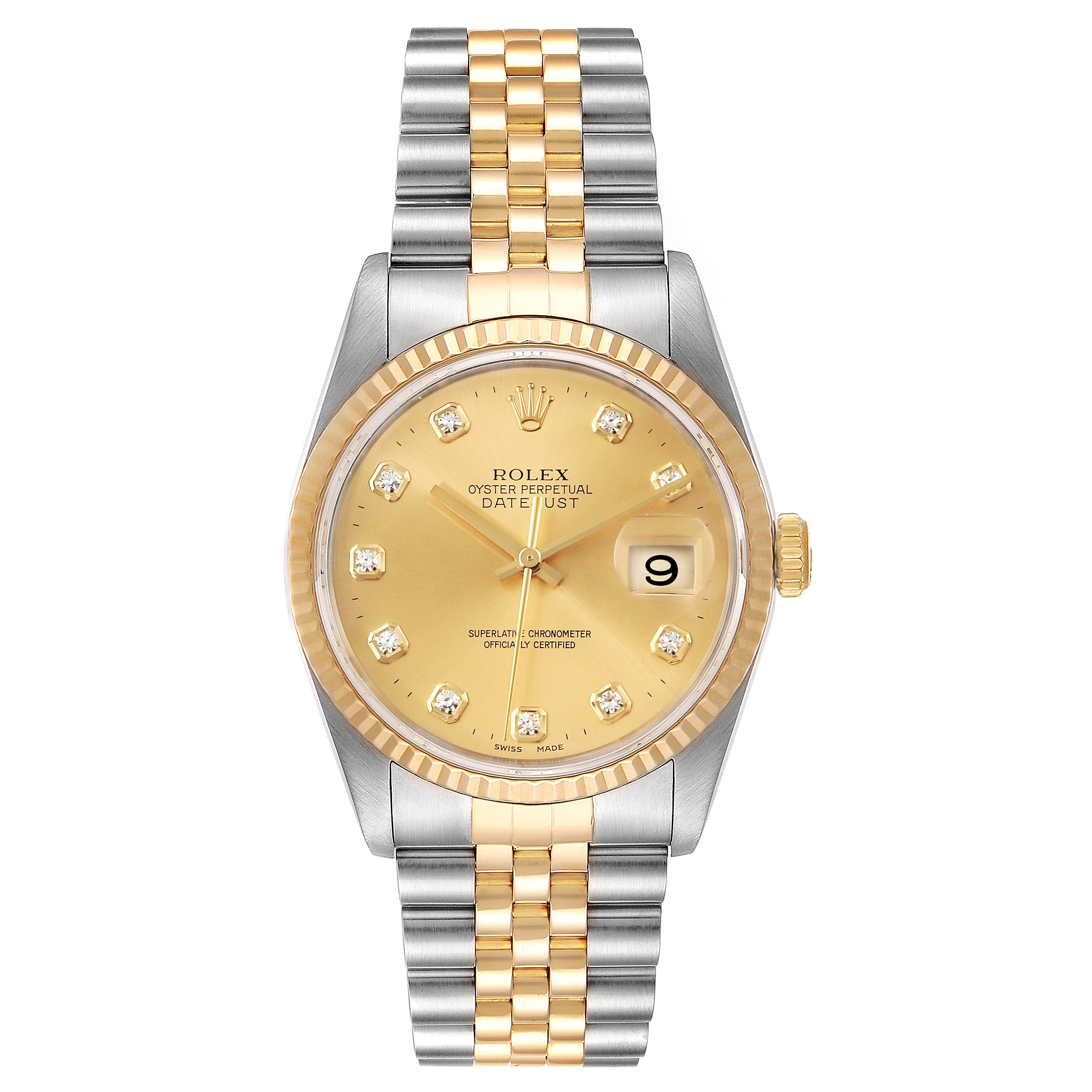 The Rolex Datejust 16233 Men's Steel and Gold (two tone) Champagne Dial 16233 Men's Steel and Gold (two tone) Champagne Dial watch is shown from a top-down angle, featuring the dial, bezel, case, and bracelet.
