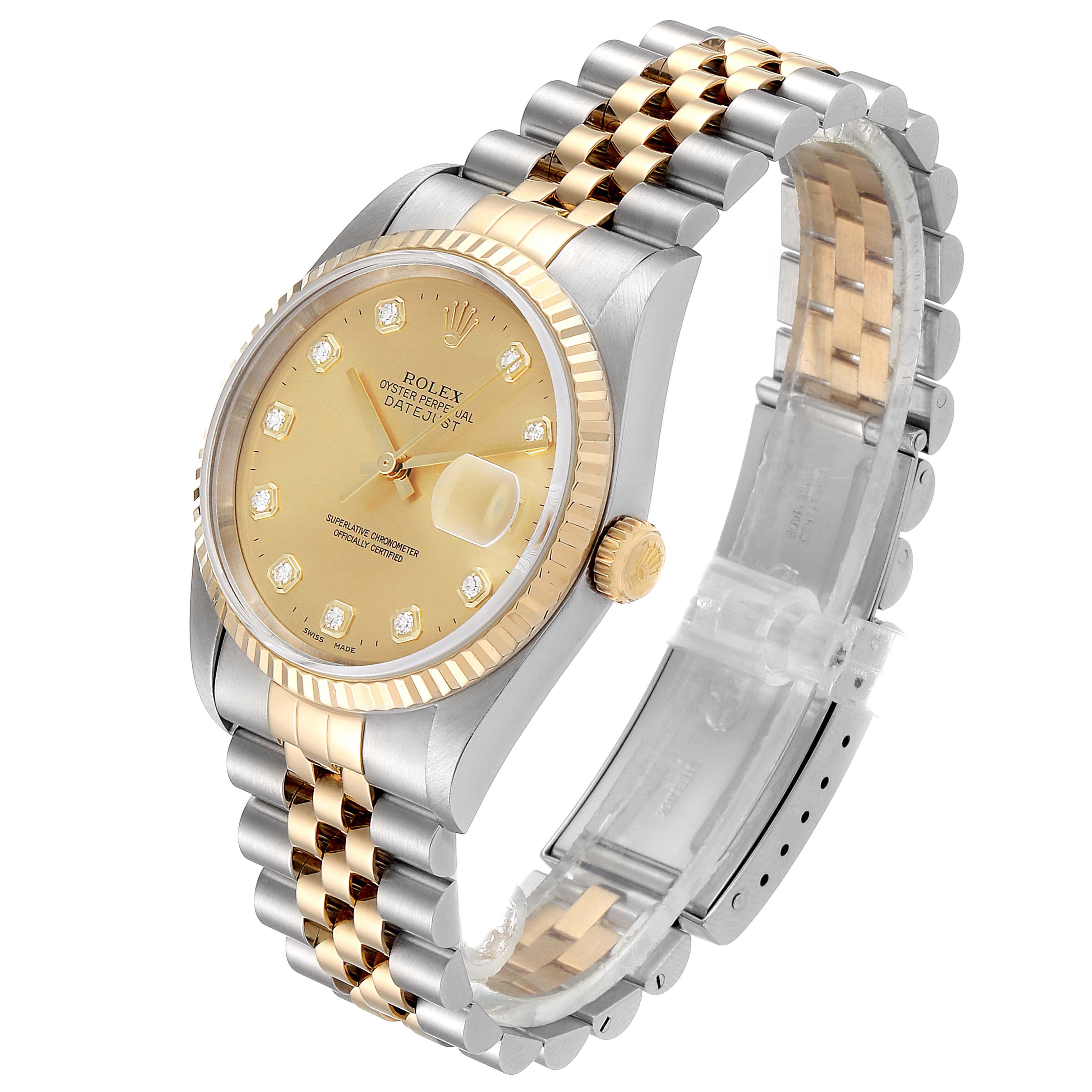 This image shows a Rolex Datejust 16233 Men's Steel and Gold (two tone) Champagne Dial 16233 Men's Steel and Gold (two tone) Champagne Dial watch at a right angle, displaying its dial, bezel, bracelet, and crown.