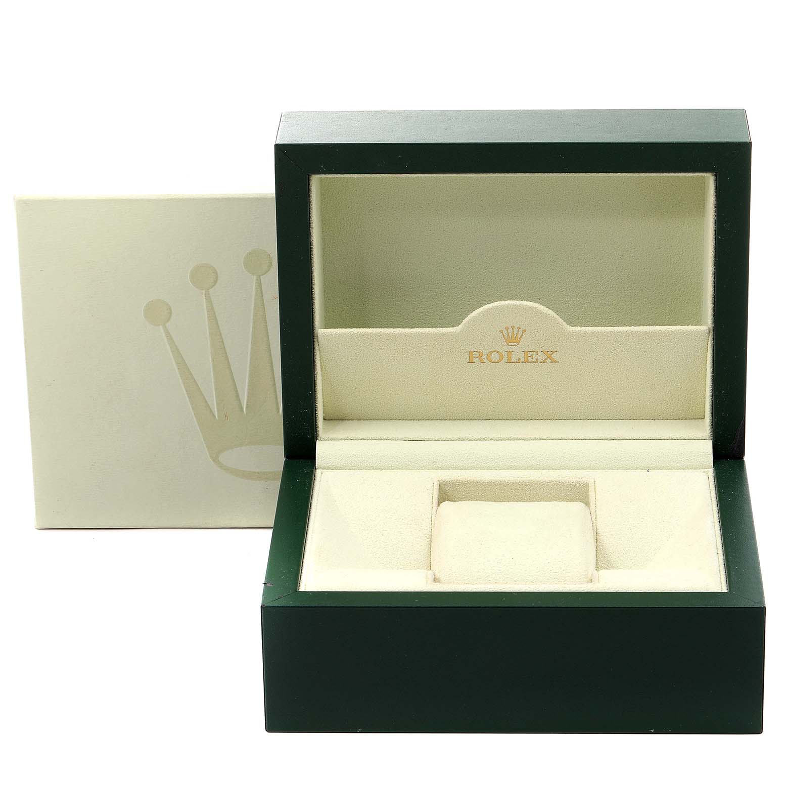 This image shows an open Rolex Datejust 16233 Men's Steel and Gold (two tone) Champagne Dial 16233 Men's Steel and Gold (two tone) Champagne Dial watch box with the lid open, revealing the watch cushion and interior.