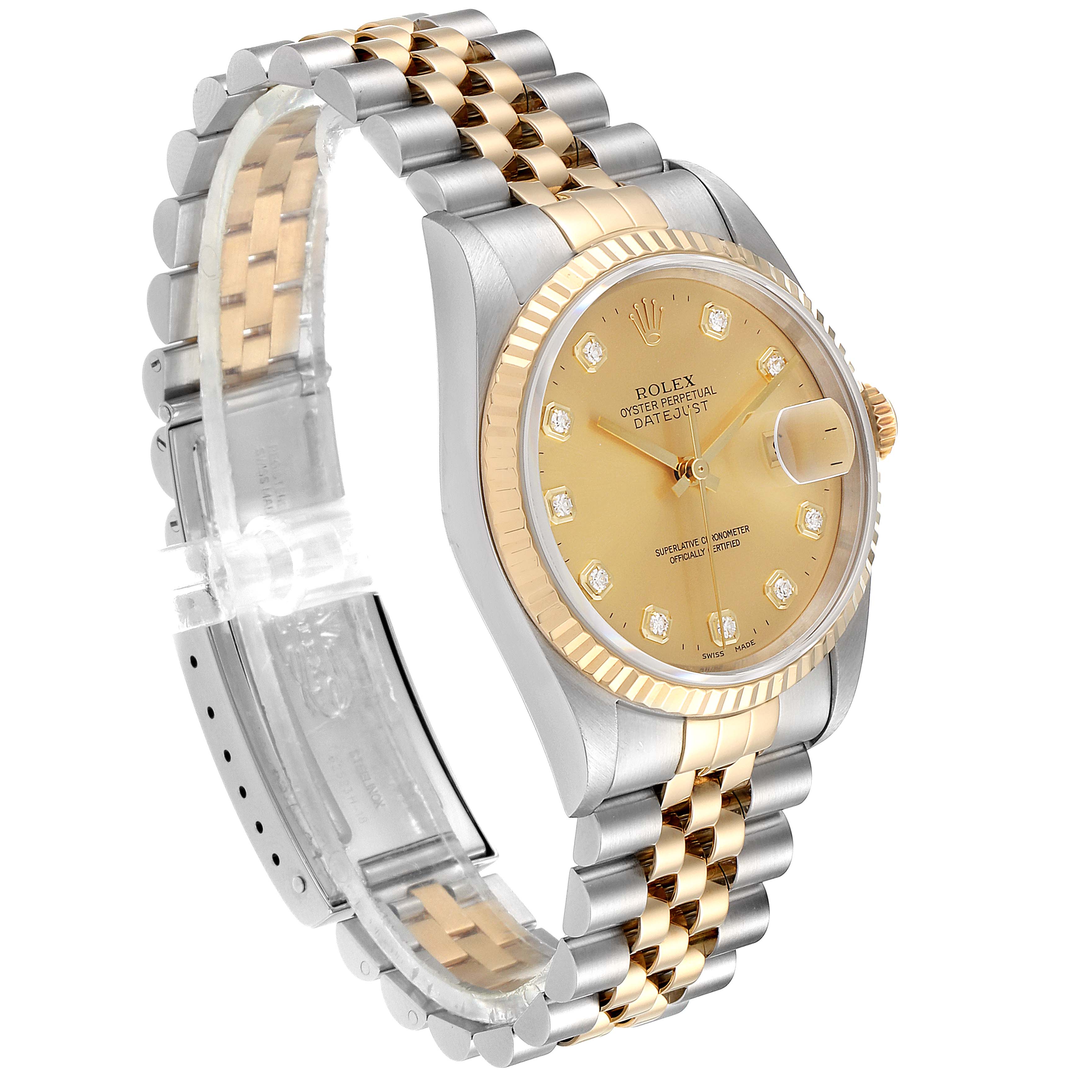 This Rolex Datejust 16233 Men's Steel and Gold (two tone) Champagne Dial 16233 Men's Steel and Gold (two tone) Champagne Dial watch is shown from a three-quarter angle, highlighting the dial, bezel, bracelet, and crown.