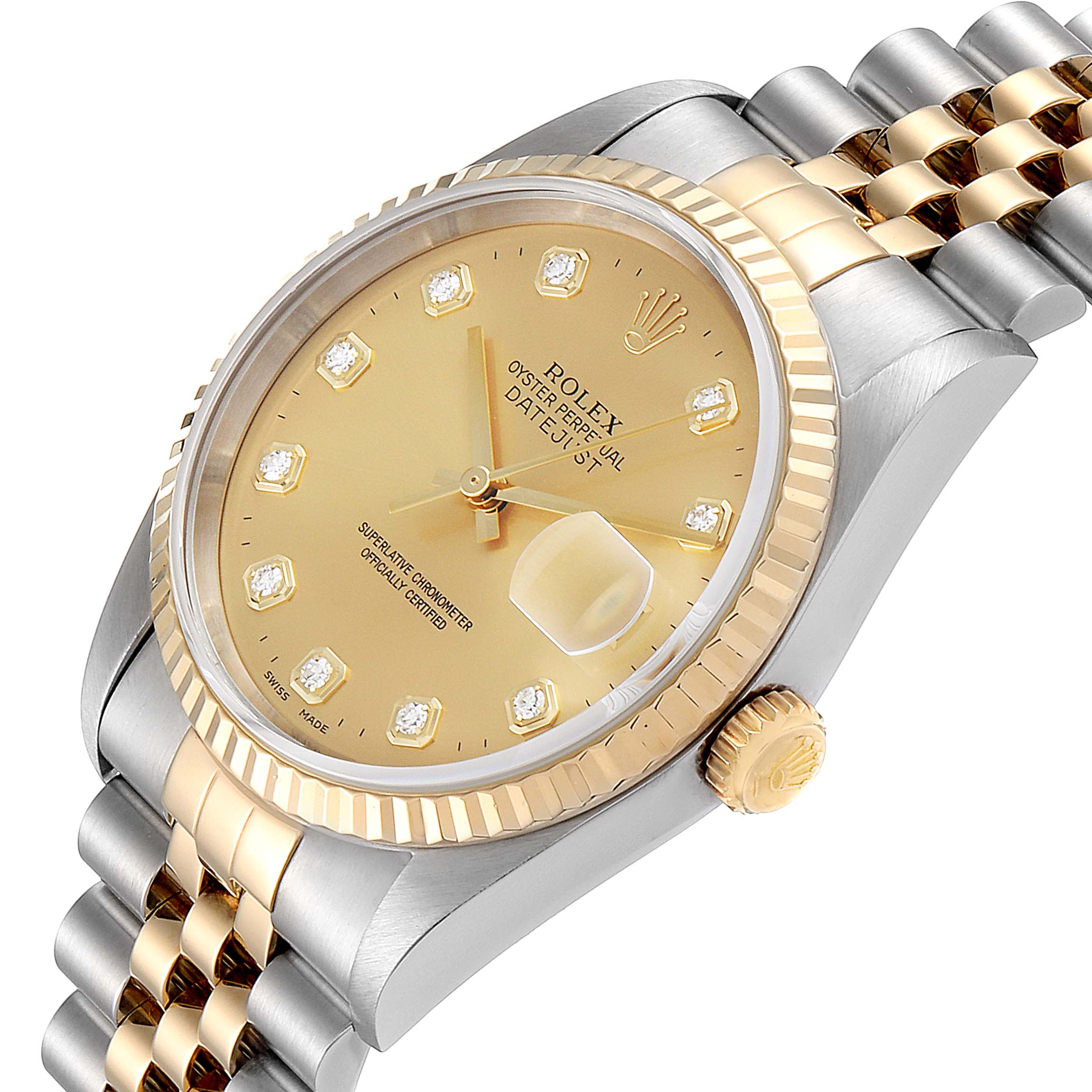 The Rolex Datejust 16233 Men's Steel and Gold (two tone) Champagne Dial 16233 Men's Steel and Gold (two tone) Champagne Dial watch is shown at a slight angle, displaying the face, crown, and part of the band.