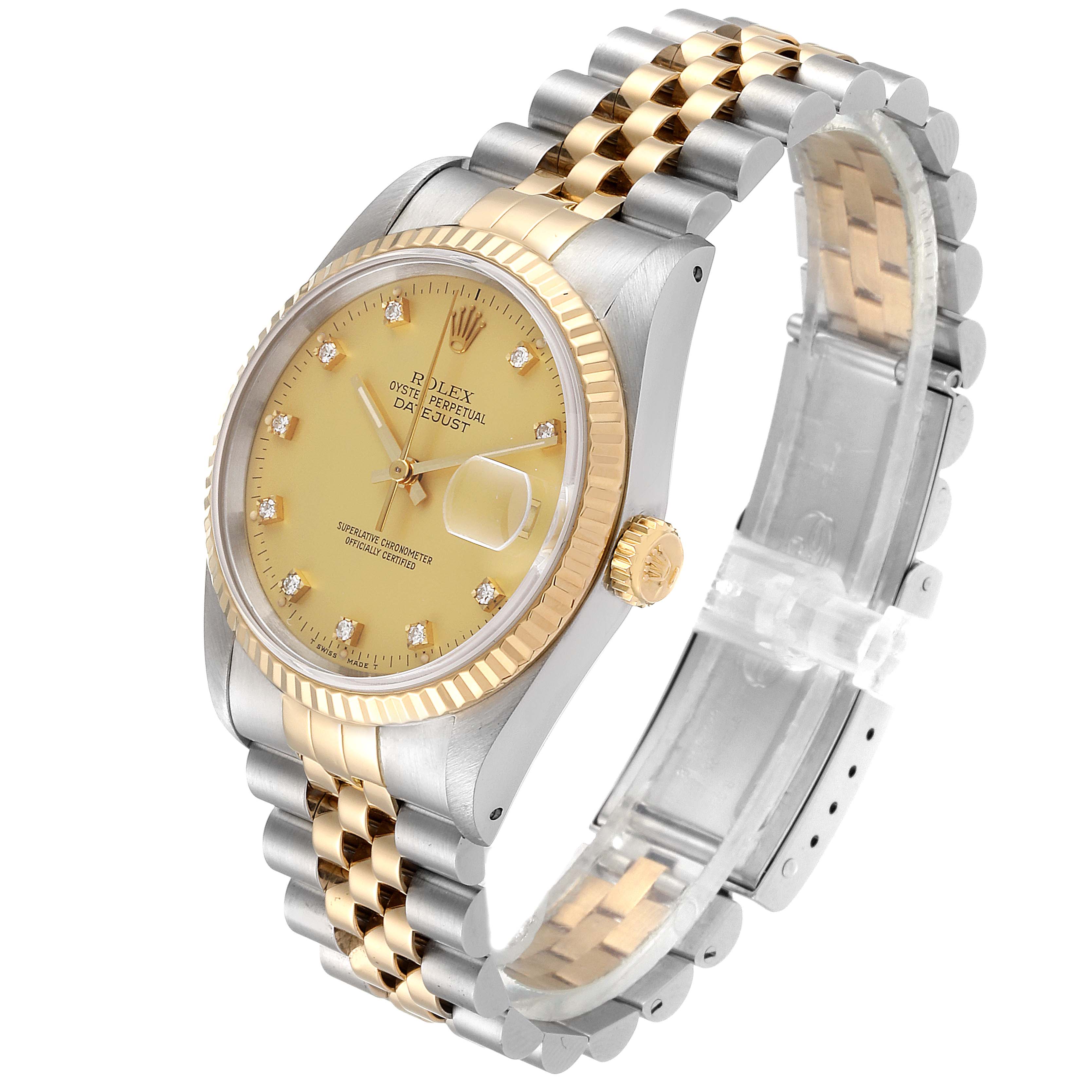 The Rolex Datejust 16233 Men's Steel and Gold (two tone) Champagne Dial 16233 Men's Steel and Gold (two tone) Champagne Dial watch is shown at a three-quarter angle, highlighting its face, bezel, crown, and bracelet.