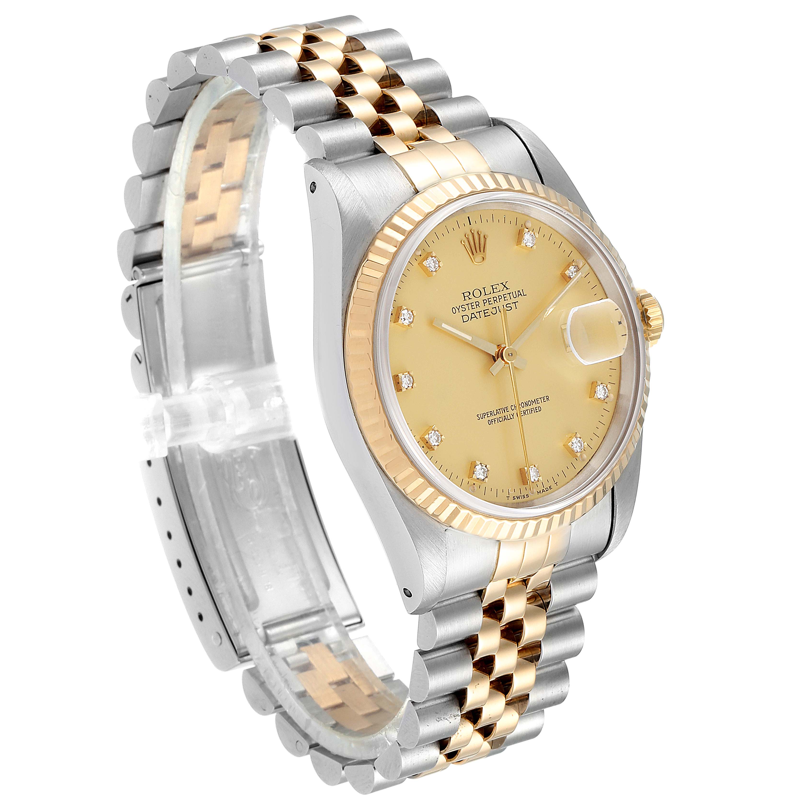 This Rolex Datejust 16233 Men's Steel and Gold (two tone) Champagne Dial 16233 Men's Steel and Gold (two tone) Champagne Dial watch is shown at an angle highlighting its gold dial, fluted bezel, and two-tone Jubilee bracelet.
