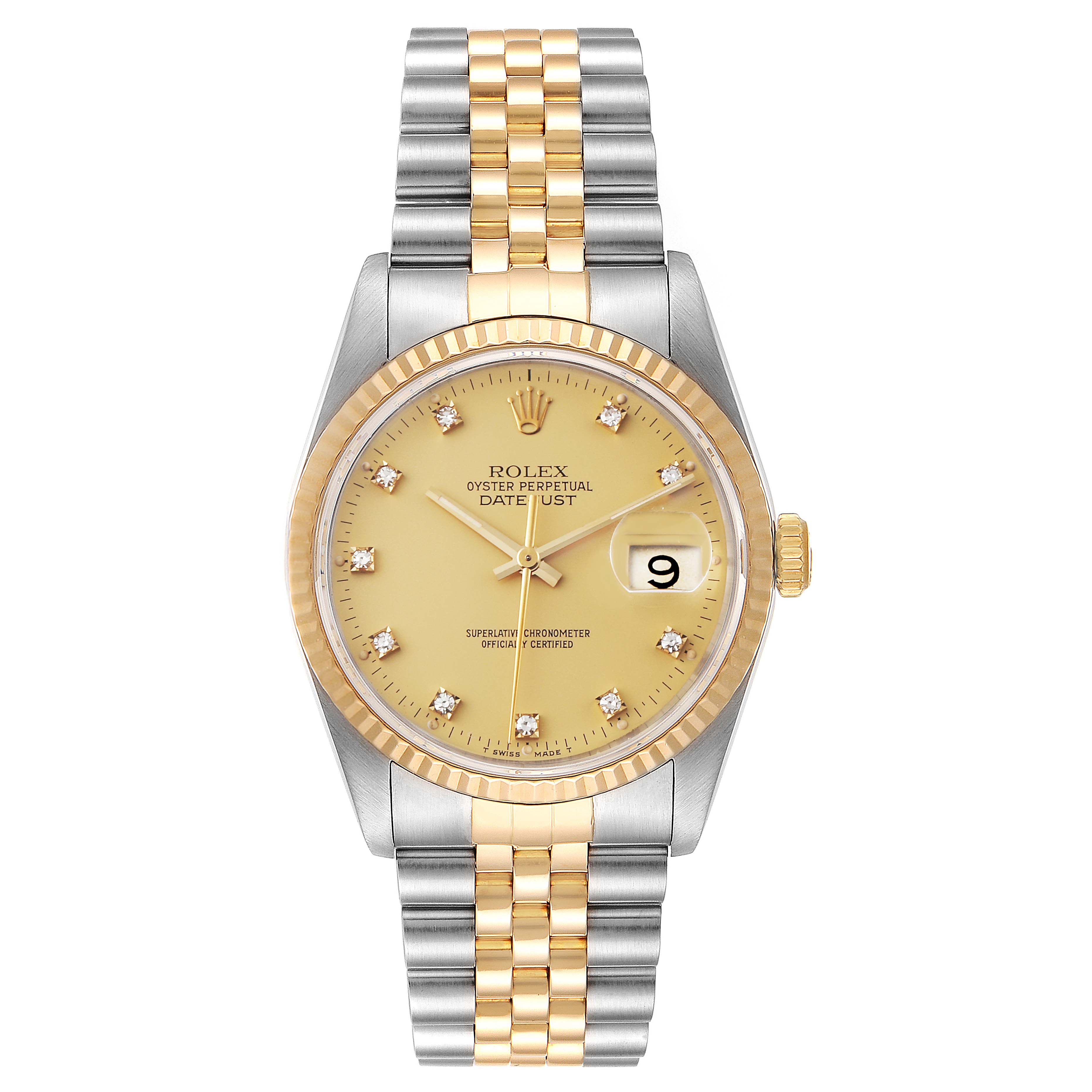 The image shows a front view of a Rolex Datejust 16233 Men's Steel and Gold (two tone) Champagne Dial 16233 Men's Steel and Gold (two tone) Champagne Dial watch featuring a gold dial, diamond hour markers, and a two-tone bracelet.