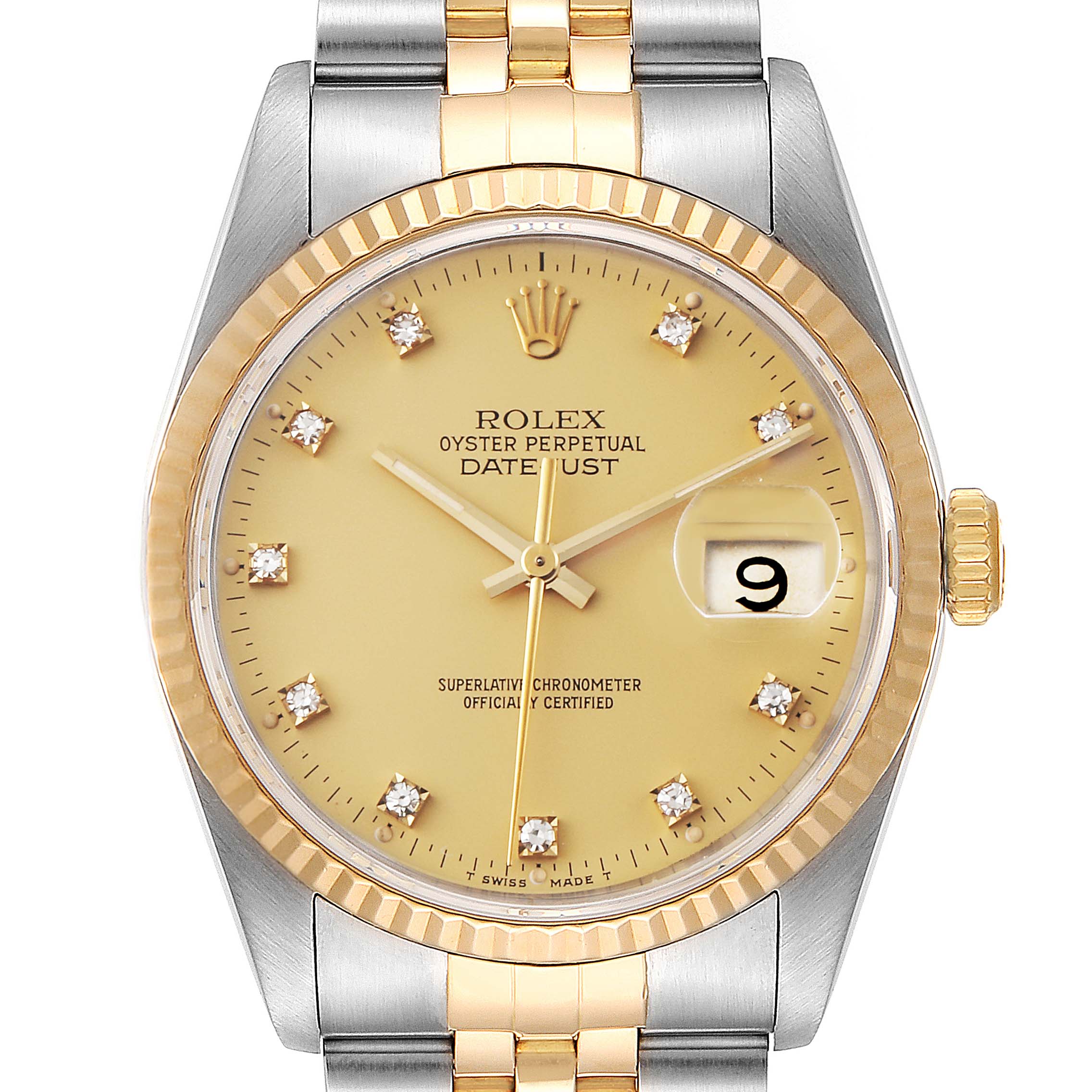 The image shows a front view of a Rolex Datejust 16233 Men's Steel and Gold (two tone) Champagne Dial 16233 Men's Steel and Gold (two tone) Champagne Dial watch, displaying the dial, bezel, bracelet, and date window.