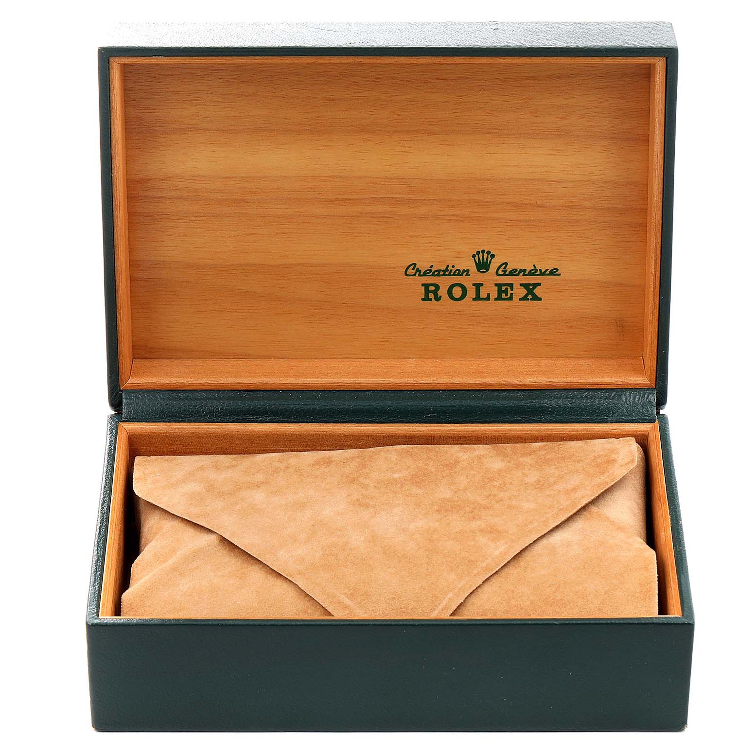 This is a Rolex Datejust 16233 Men's Steel and Gold (two tone) Champagne Dial 16233 Men's Steel and Gold (two tone) Champagne Dial watch box, shown open with a suede pouch inside.