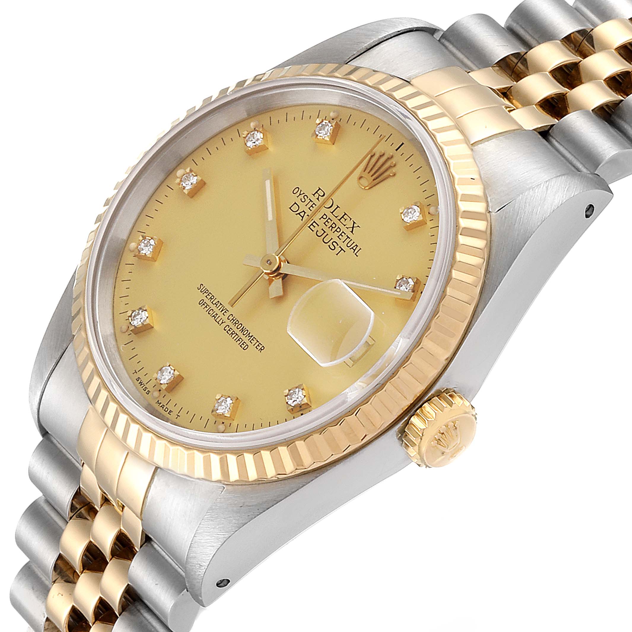 The image shows a Rolex Datejust 16233 Men's Steel and Gold (two tone) Champagne Dial 16233 Men's Steel and Gold (two tone) Champagne Dial watch at a slight angle, displaying the dial, fluted bezel, date magnifier, and part of the two-tone bracelet.