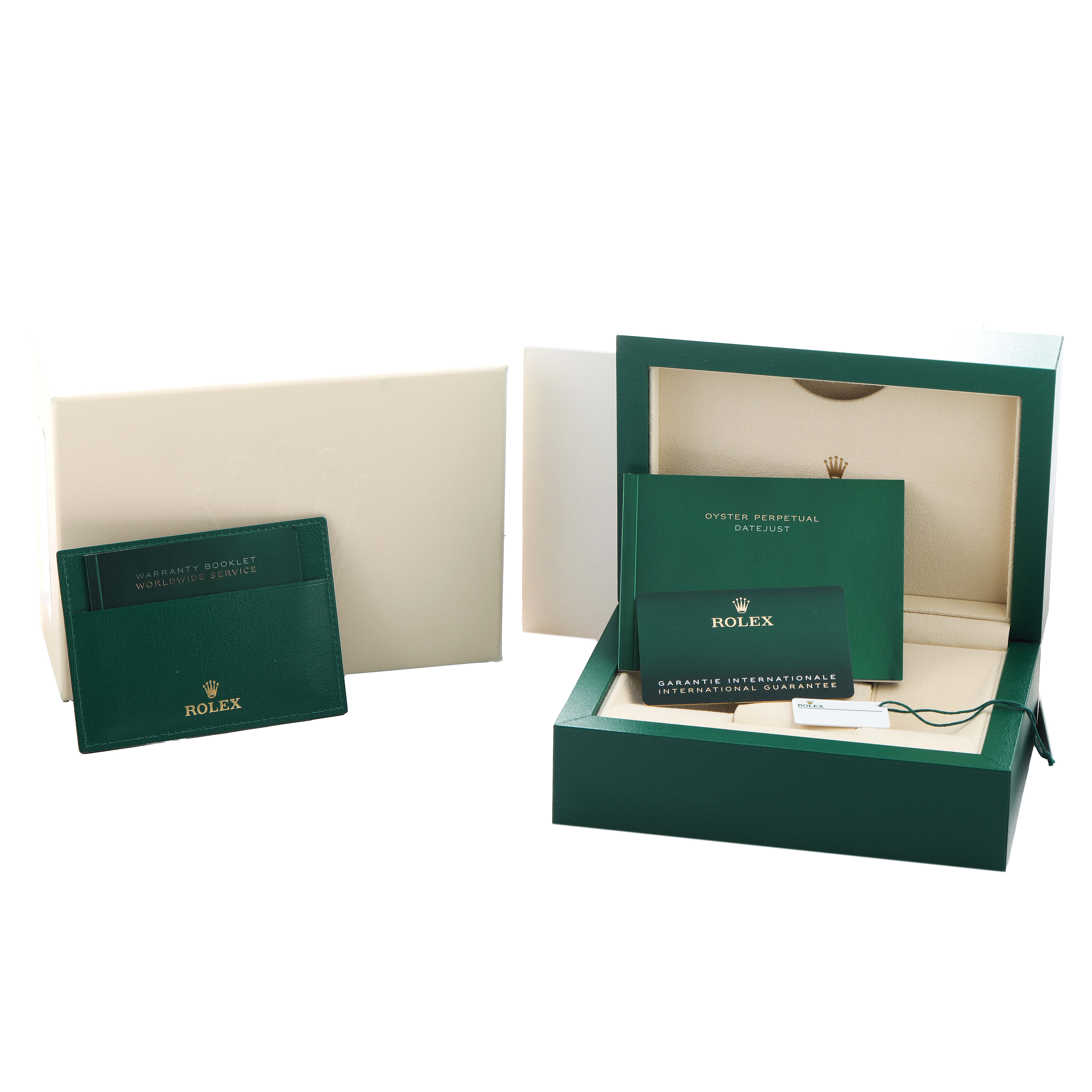 The image shows the packaging and accessories for a Rolex Datejust 41 126300 Men's Stainless Steel White Dial, including the box, warranty card, and booklets.