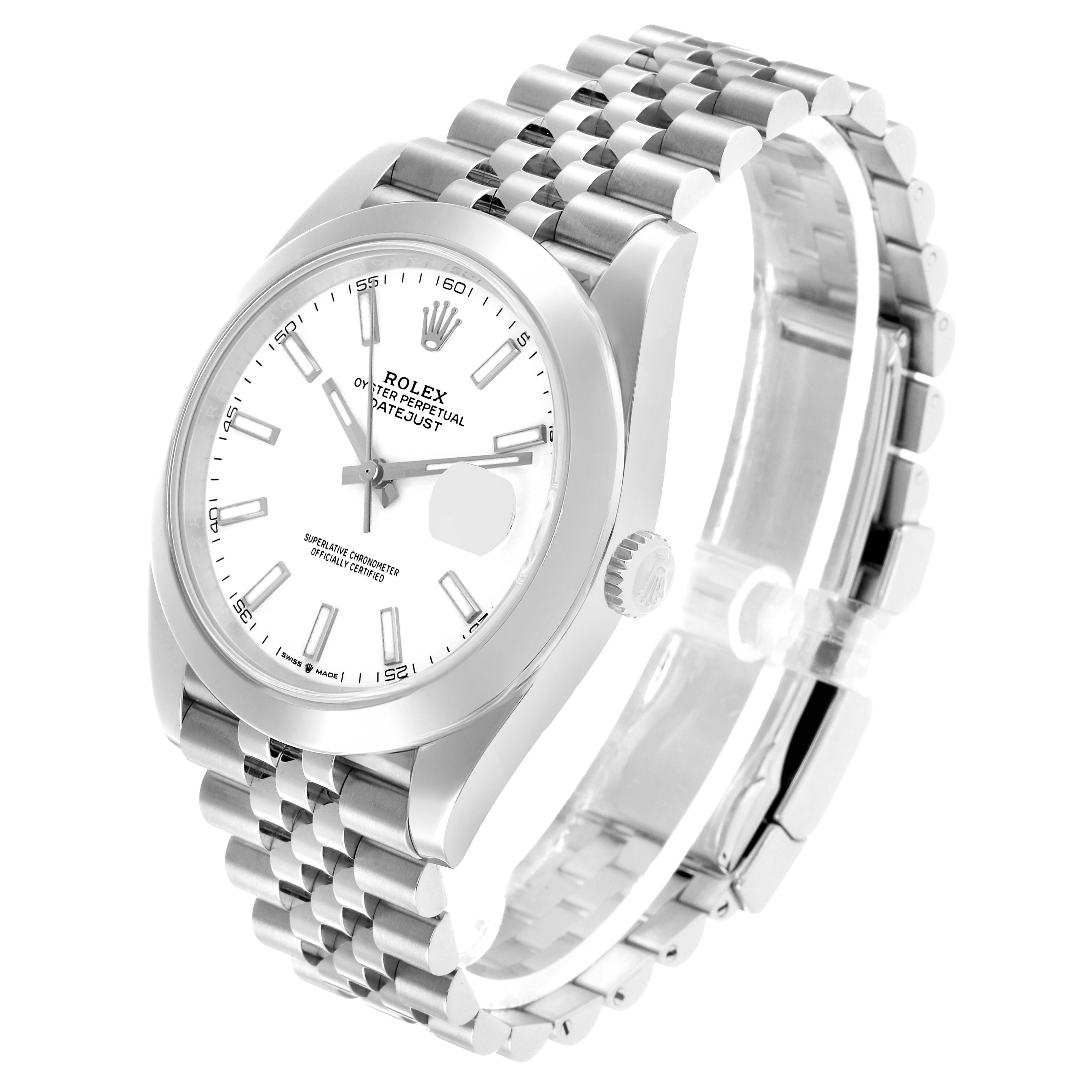 The image shows a Rolex Datejust 41 126300 Men's Stainless Steel White Dial watch from a three-quarter angle, highlighting the dial, bezel, crown, and Jubilee bracelet.