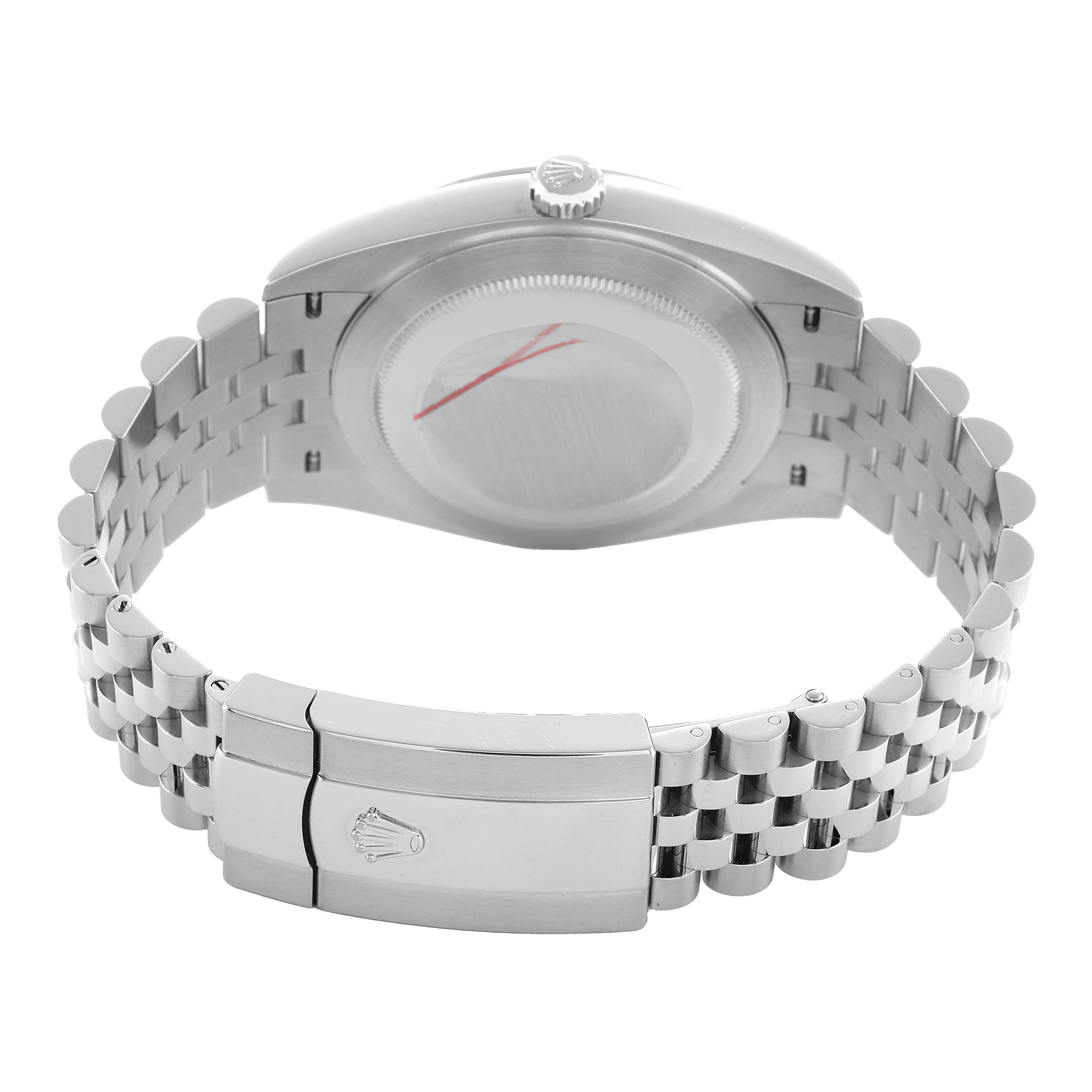 The image shows the back case and bracelet clasp of a Rolex Datejust 41 126300 Men's Stainless Steel White Dial watch from a rear angle.