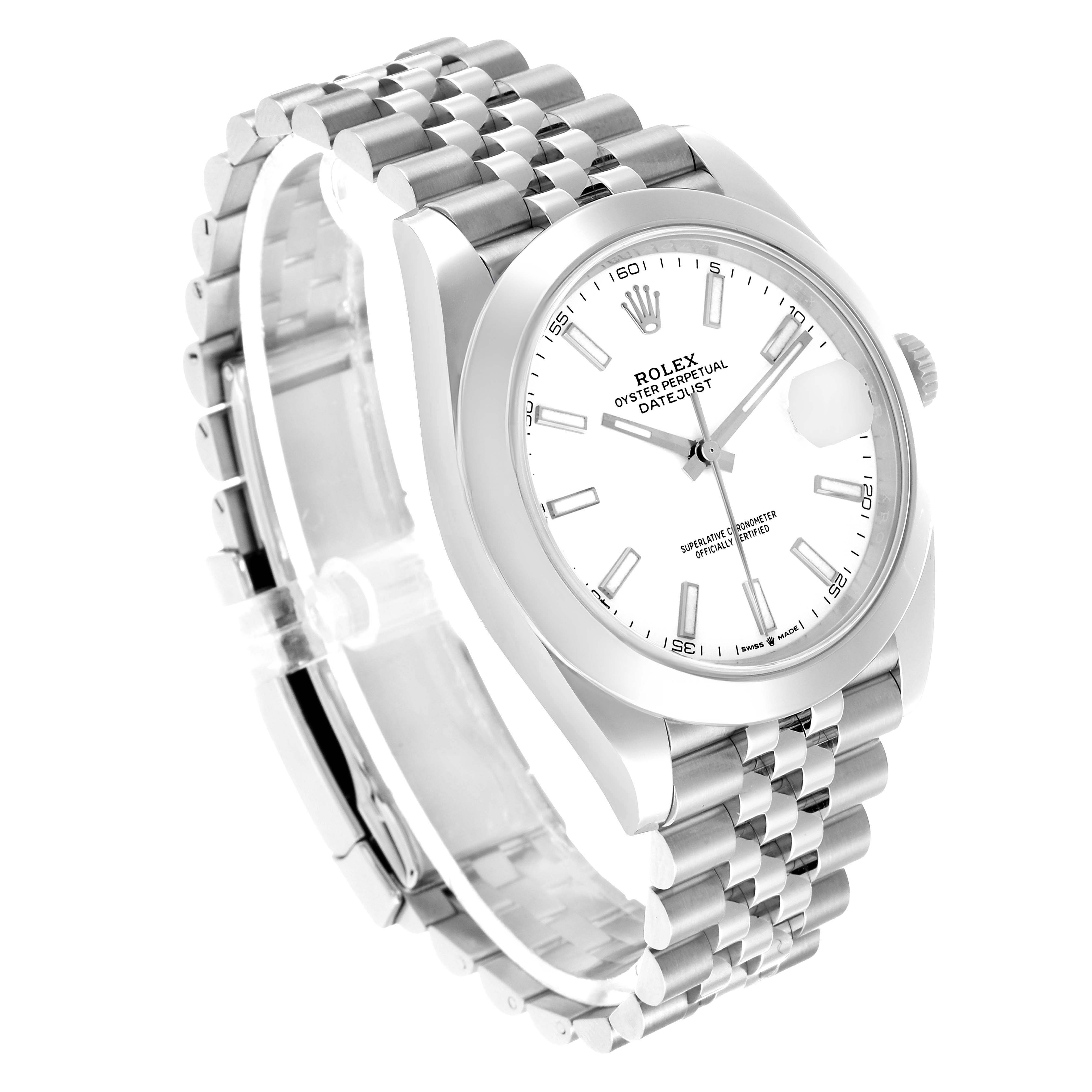 The Rolex Datejust 41 126300 Men's Stainless Steel White Dial is shown at an angled view highlighting the face, case, and Jubilee bracelet.