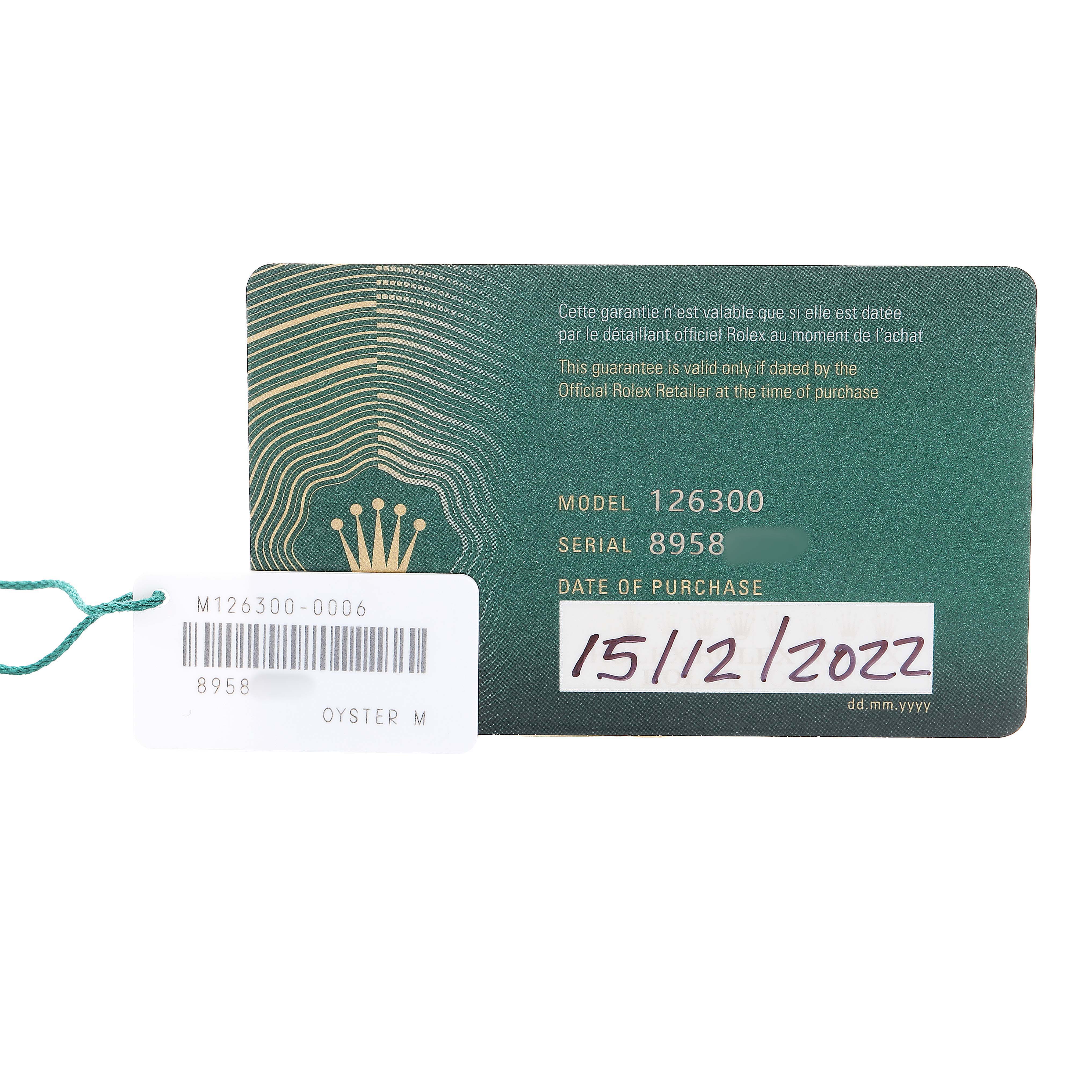 The image shows a warranty card for a Rolex Datejust 41 126300 Men's Stainless Steel White Dial, model 126300, including purchase date and serial number.