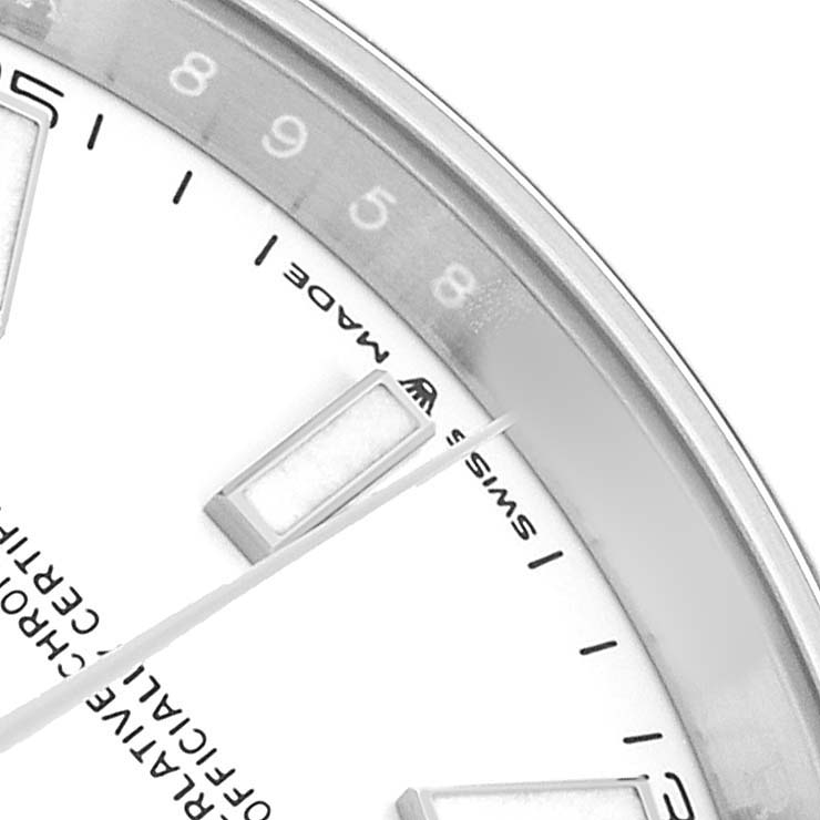 The image shows a close-up of the dial edge and markers of a Rolex Datejust 41 126300 Men's Stainless Steel White Dial watch.