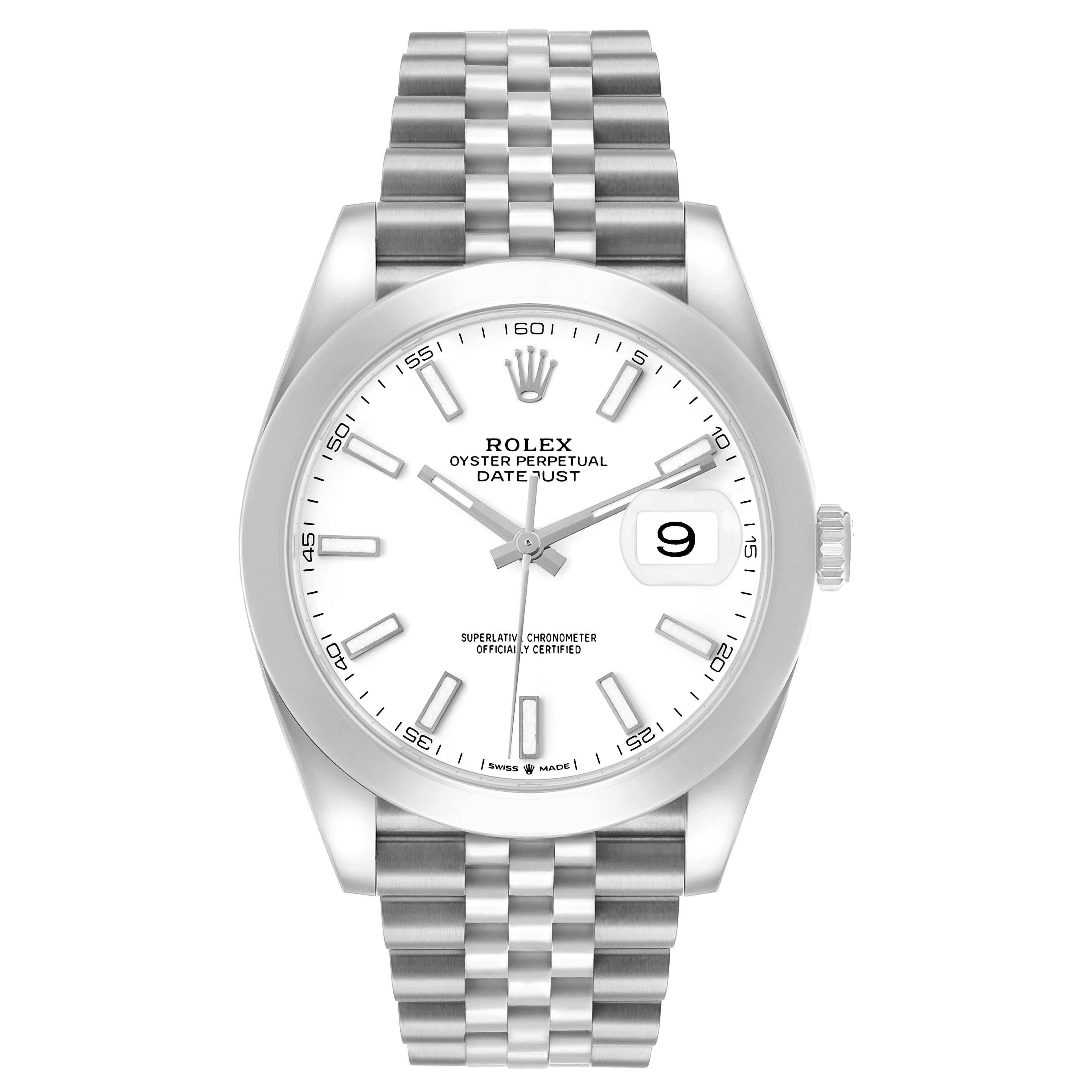 The image shows a front view of the Rolex Datejust 41 126300 Men's Stainless Steel White Dial watch, highlighting the dial, hands, date window, and bracelet.