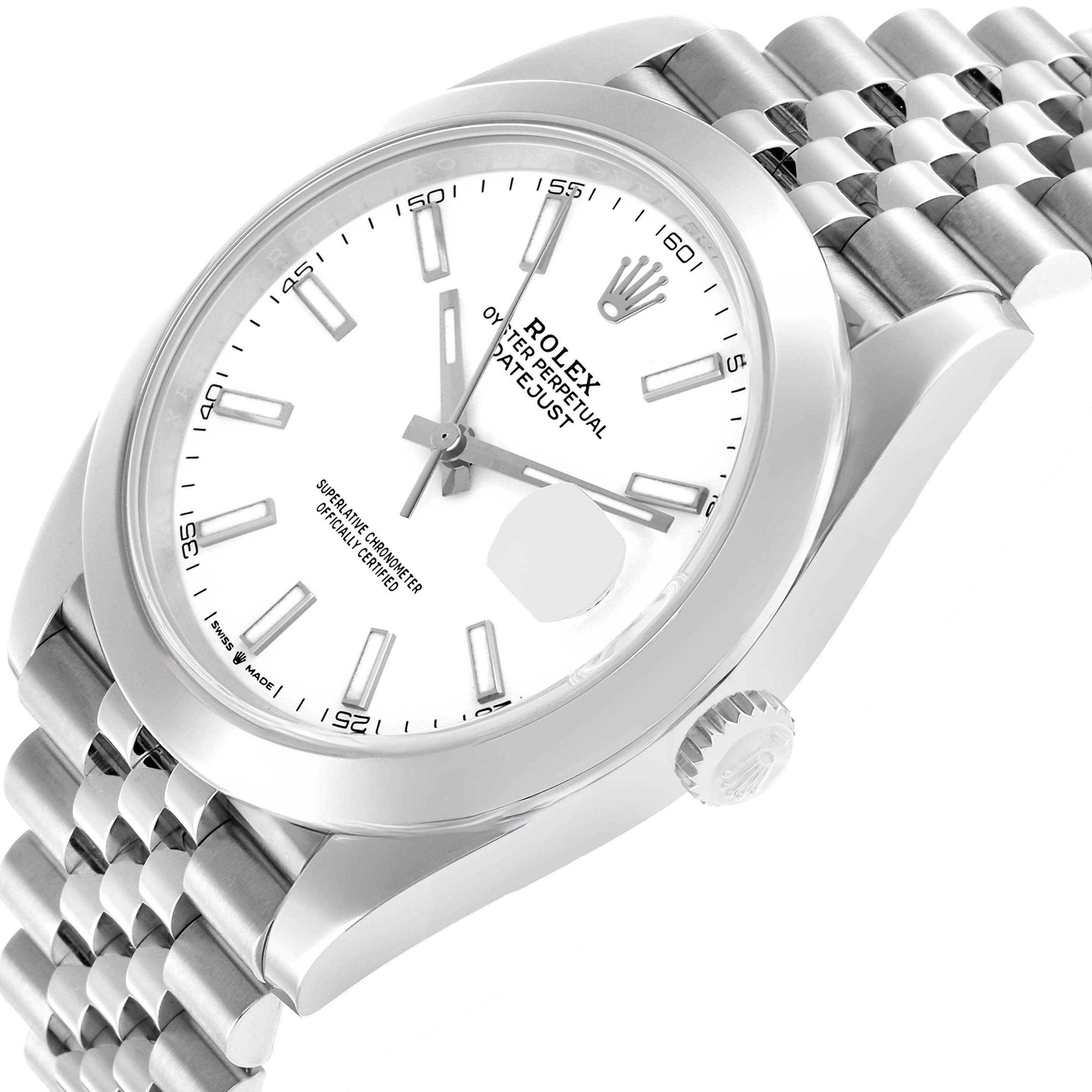 The Rolex Datejust 41 126300 Men's Stainless Steel White Dial is shown from a slight side angle, highlighting the dial, bezel, crown, and part of the bracelet.