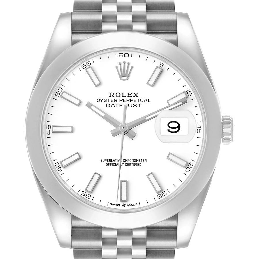 The Rolex Datejust 41 126300 Men's Stainless Steel White Dial watch is shown from a front angle, displaying the dial, bezel, hands, and Jubilee bracelet.