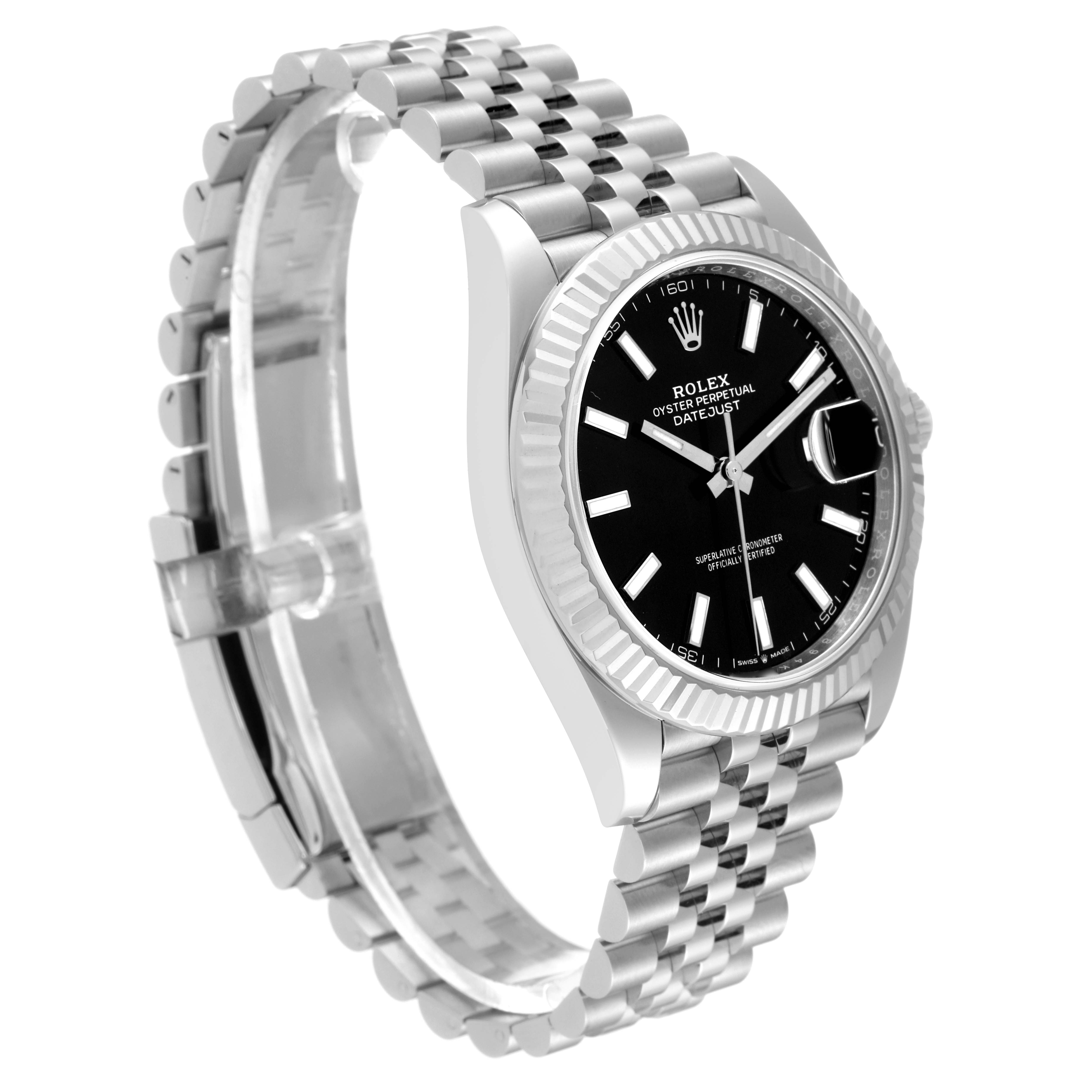 The Rolex Datejust 41 126334 Men
s Stainless Steel Black Dial 126334 Men
s Stainless Steel Black Dial watch is shown at an angle, highlighting the black dial, fluted bezel, and Jubilee bracelet.
