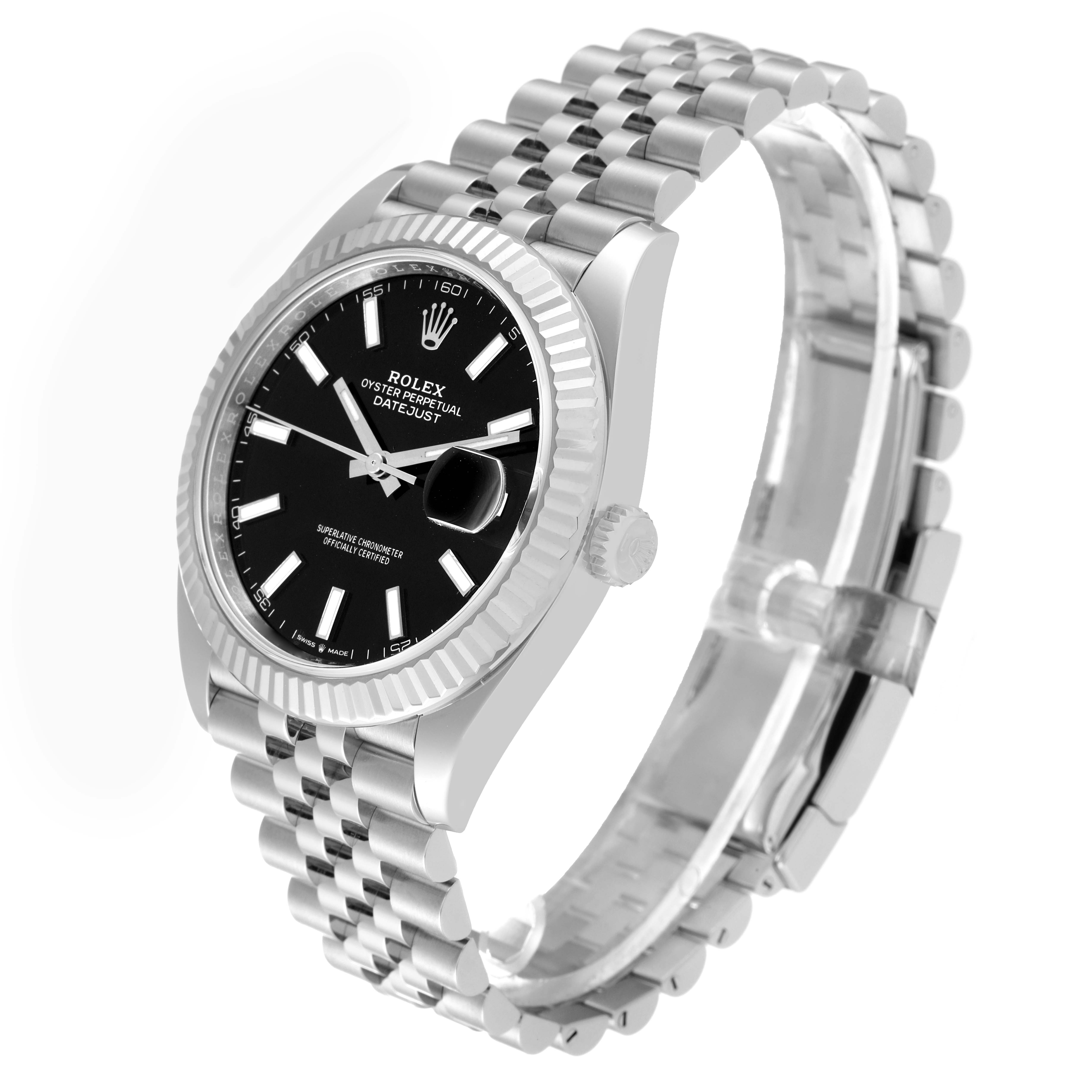 The Rolex Datejust 41 126334 Men
s Stainless Steel Black Dial 126334 Men
s Stainless Steel Black Dial watch is shown from a slight angle, displaying the face, bezel, and bracelet.