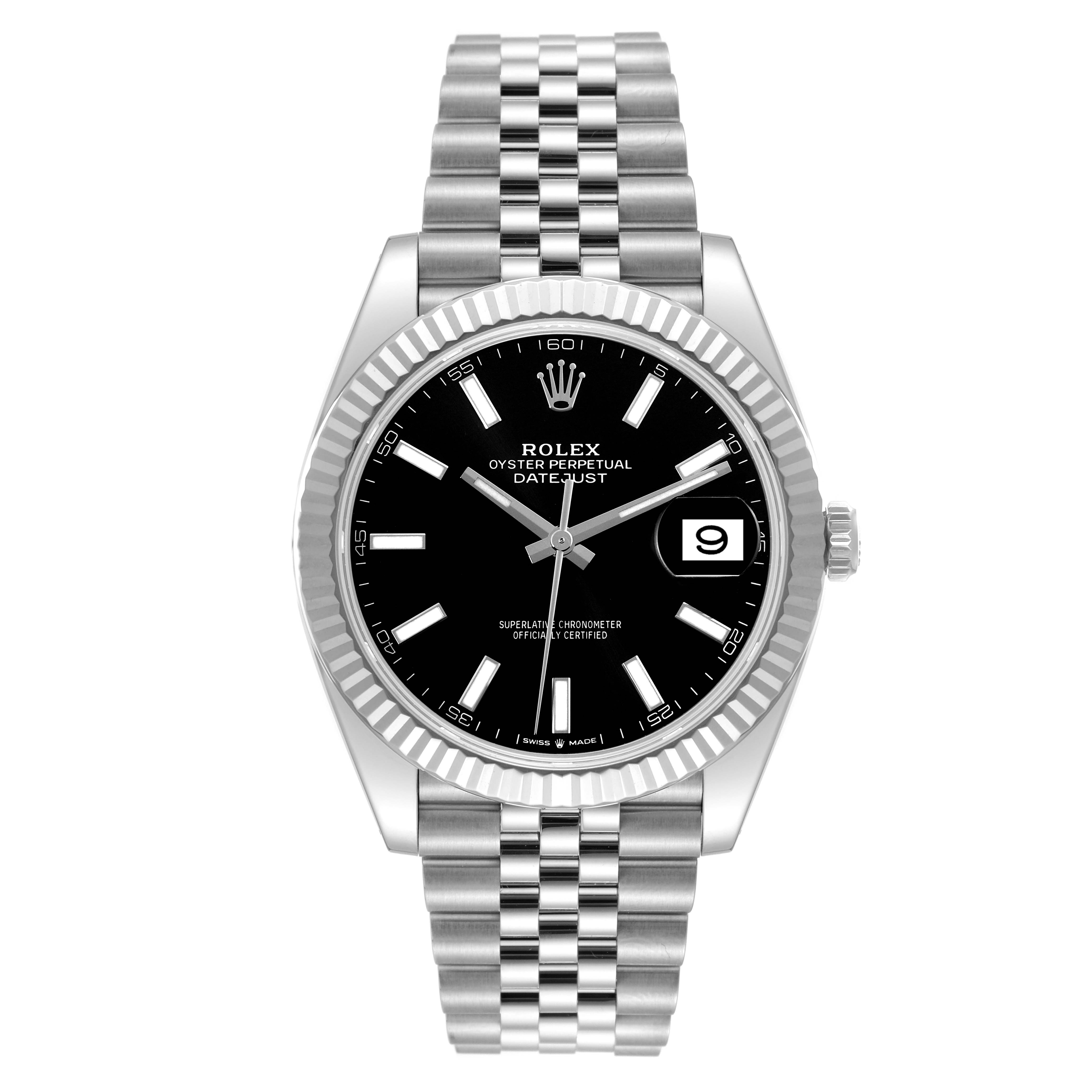 This is a front view of a Rolex Datejust 41 126334 Men
s Stainless Steel Black Dial 126334 Men
s Stainless Steel Black Dial watch, showing the black dial, fluted bezel, jubilee bracelet, and date window.