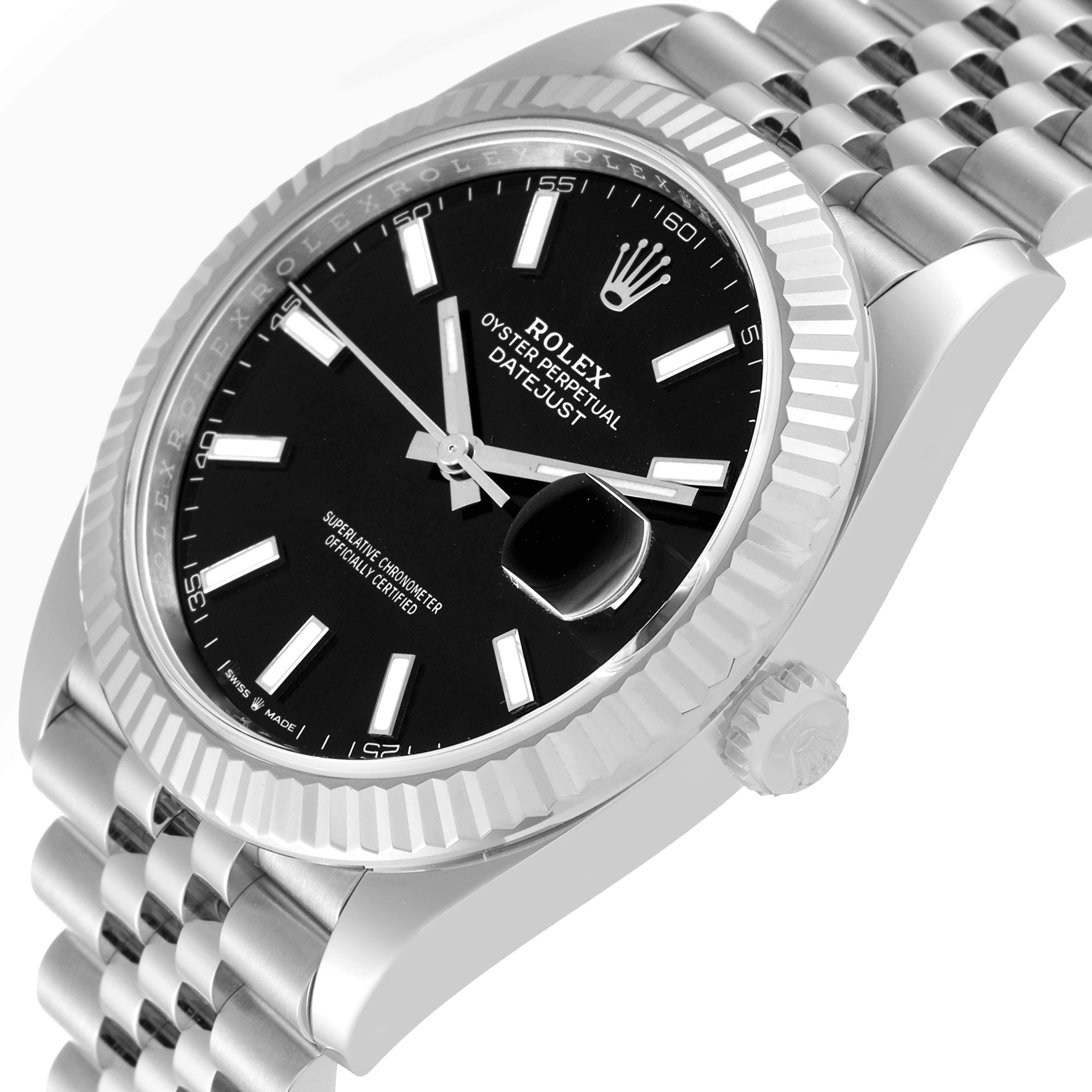 The image shows a close-up angled view of the Rolex Datejust 41 126334 Men
s Stainless Steel Black Dial 126334 Men
s Stainless Steel Black Dial watch, displaying the dial, bezel, and bracelet.