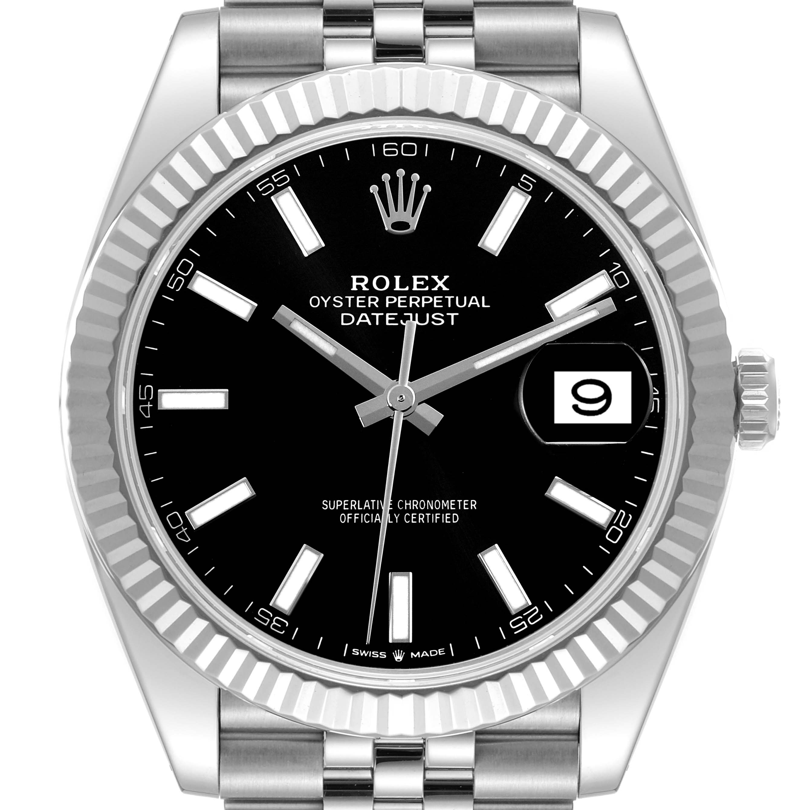 The image shows a Rolex Datejust 41 126334 Men
s Stainless Steel Black Dial 126334 Men
s Stainless Steel Black Dial watch from the front, highlighting its black dial, fluted bezel, and date window.