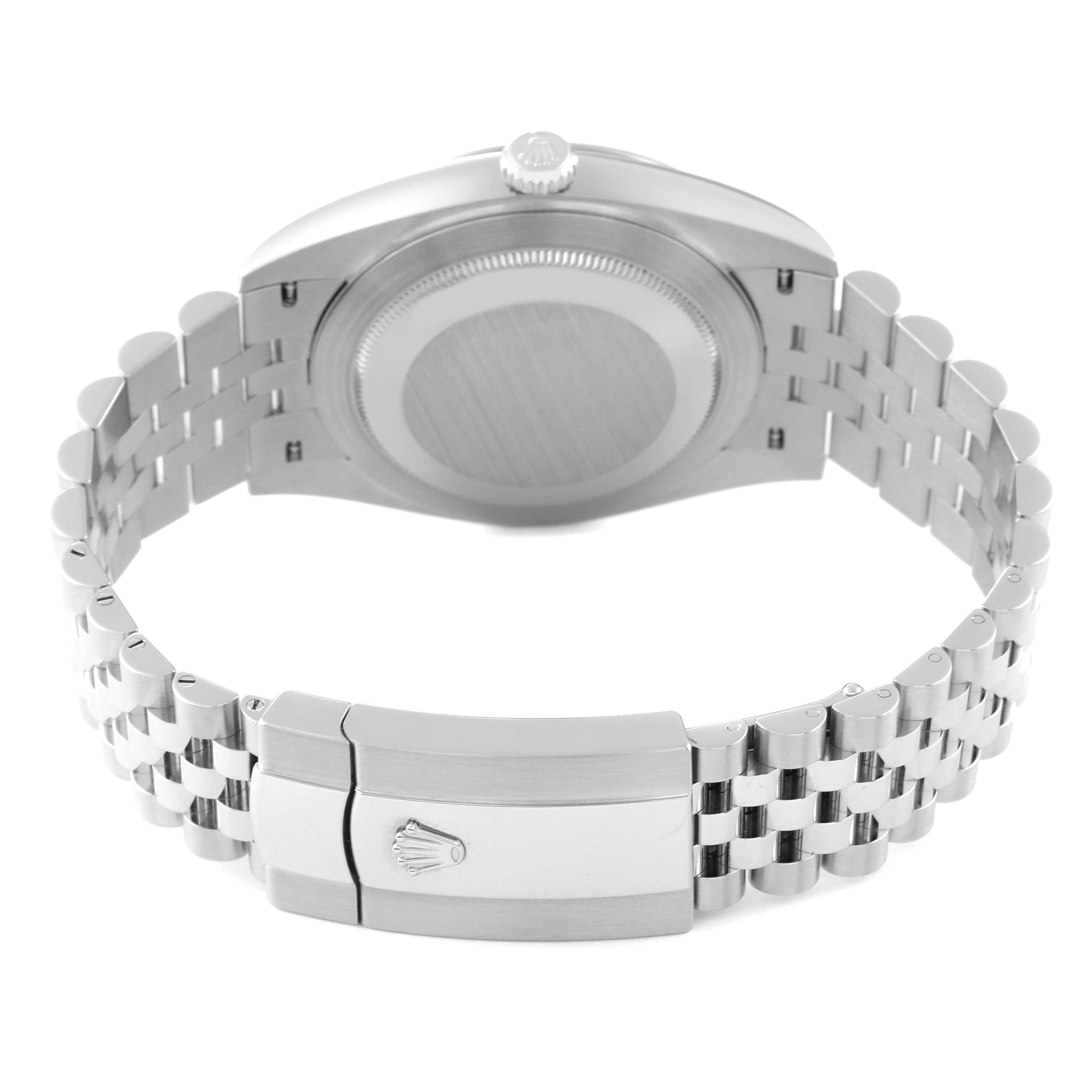 This image shows the case back and jubilee bracelet clasp of the Rolex Datejust 41 126334 Men
s Stainless Steel Black Dial 126334 Men
s Stainless Steel Black Dial watch from a rear angle.