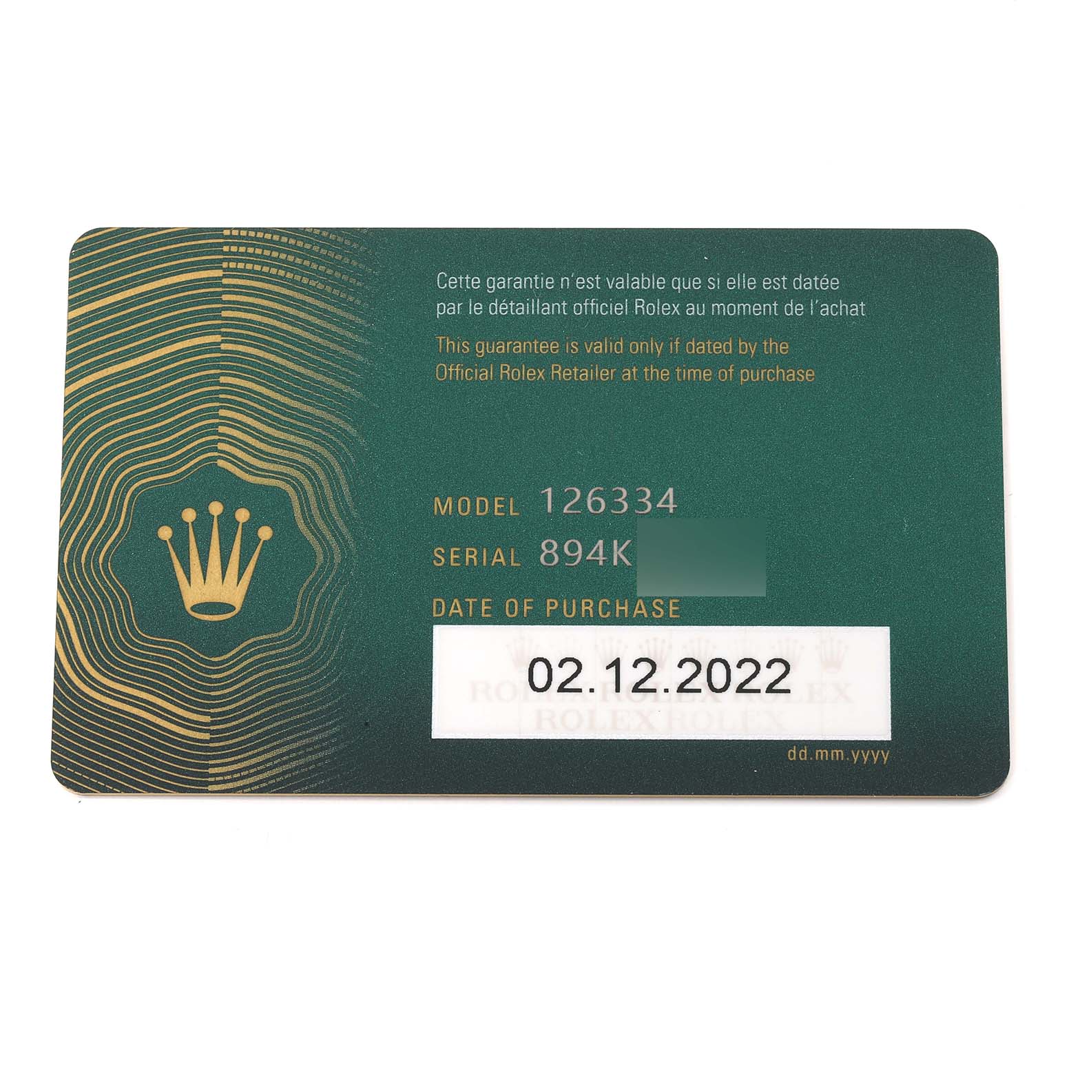 The image shows the warranty card for a Rolex Datejust 41 126334 Men
s Stainless Steel Black Dial 126334 Men
s Stainless Steel Black Dial model, indicating details such as model and serial numbers and purchase date.