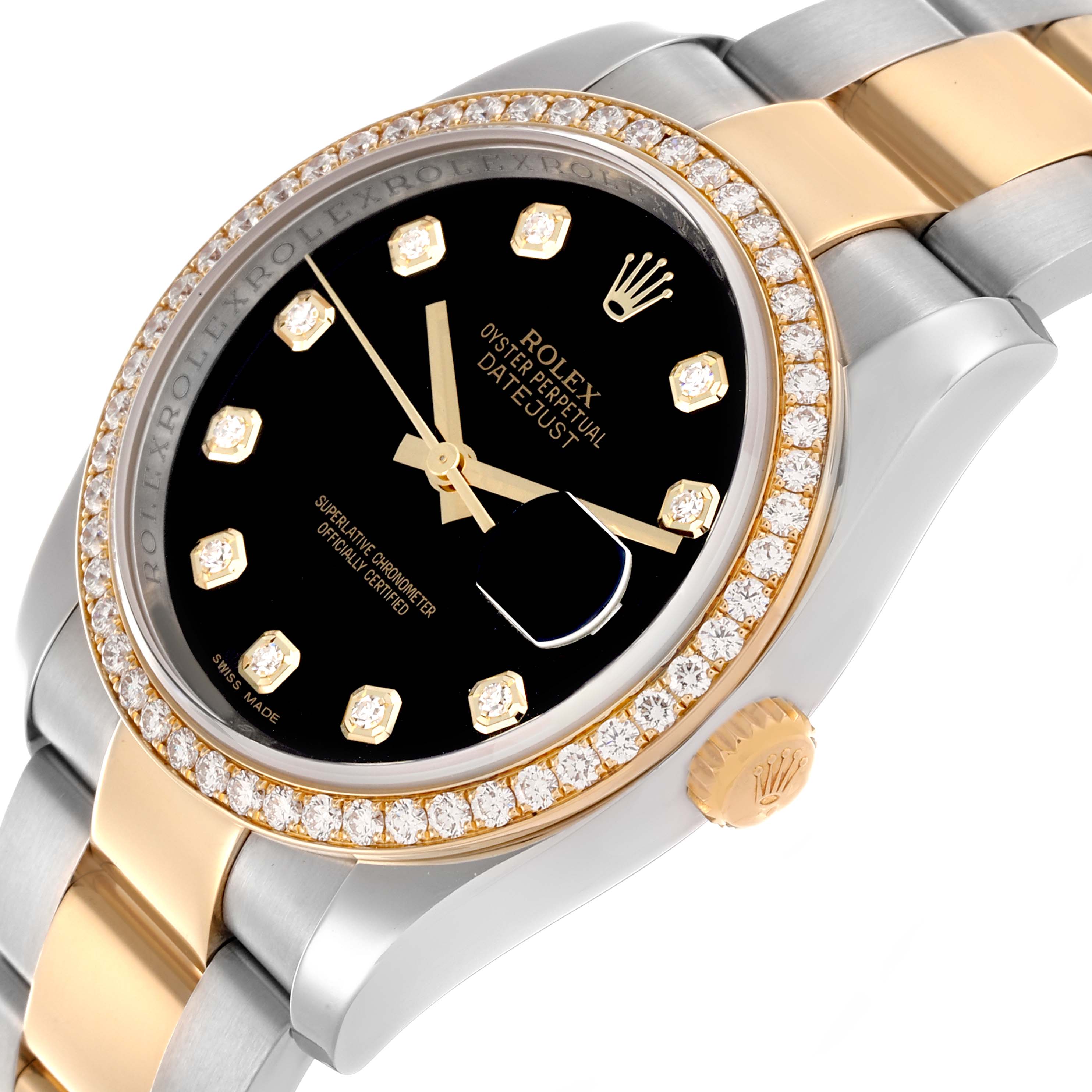 The Rolex Datejust 116243 Men's Steel and Gold (two tone) Black Dial 116243 Men's Steel and Gold (two tone) Black Dial watch is shown at a three-quarter angle, highlighting the bezel, dial, and two-tone bracelet.