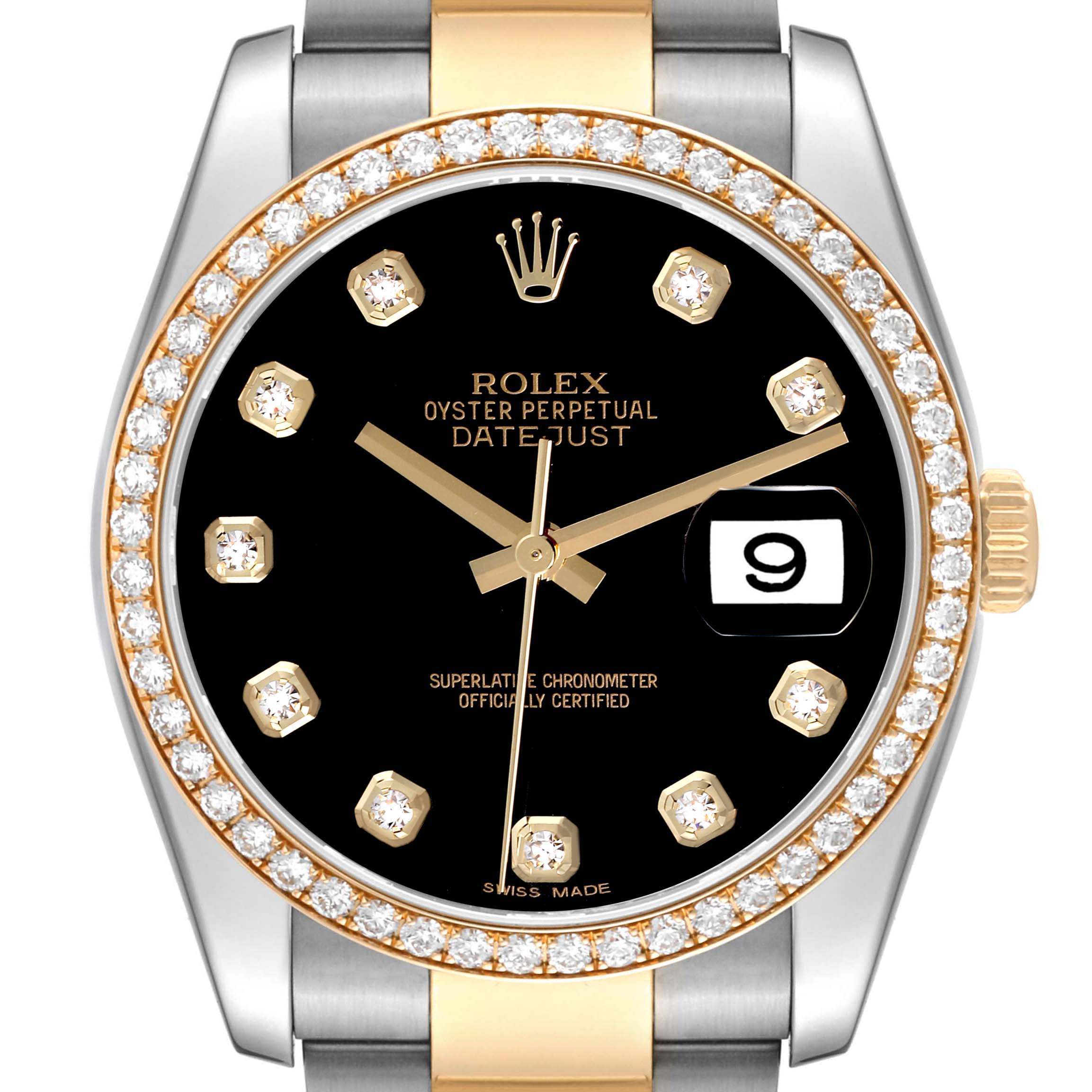 The Rolex Datejust 116243 Men's Steel and Gold (two tone) Black Dial 116243 Men's Steel and Gold (two tone) Black Dial watch is shown from the front, highlighting its diamond bezel, black dial, and gold accents.
