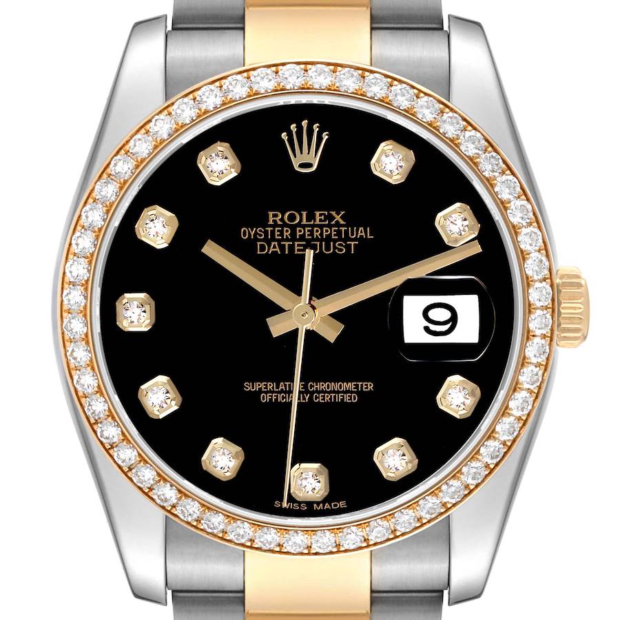 The Rolex Datejust watch is shown from the front, highlighting its diamond bezel, black dial, and gold accents.