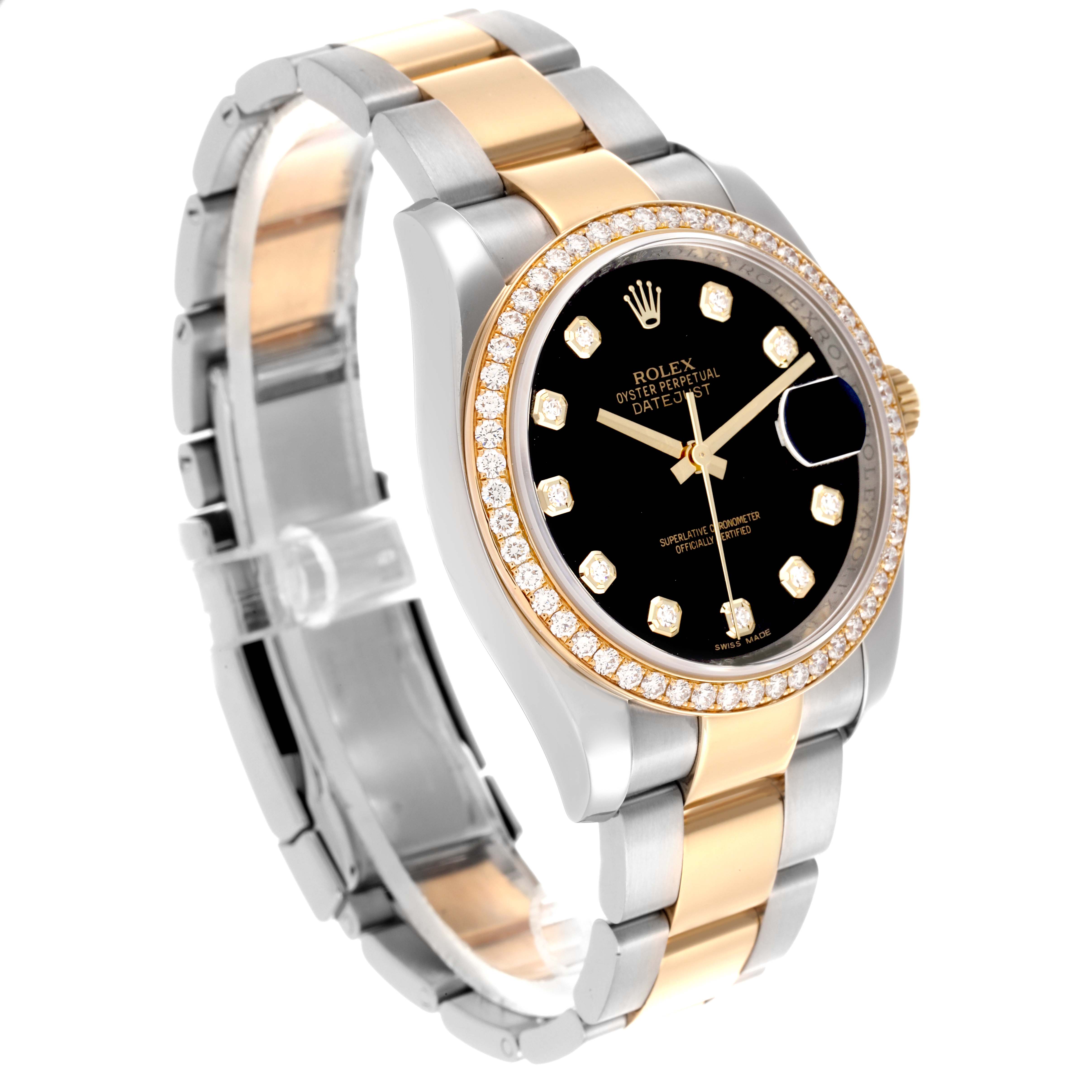 The Rolex Datejust 116243 Men's Steel and Gold (two tone) Black Dial 116243 Men's Steel and Gold (two tone) Black Dial watch is shown at a side angle, highlighting the dial, bezel, bracelet, and crown.