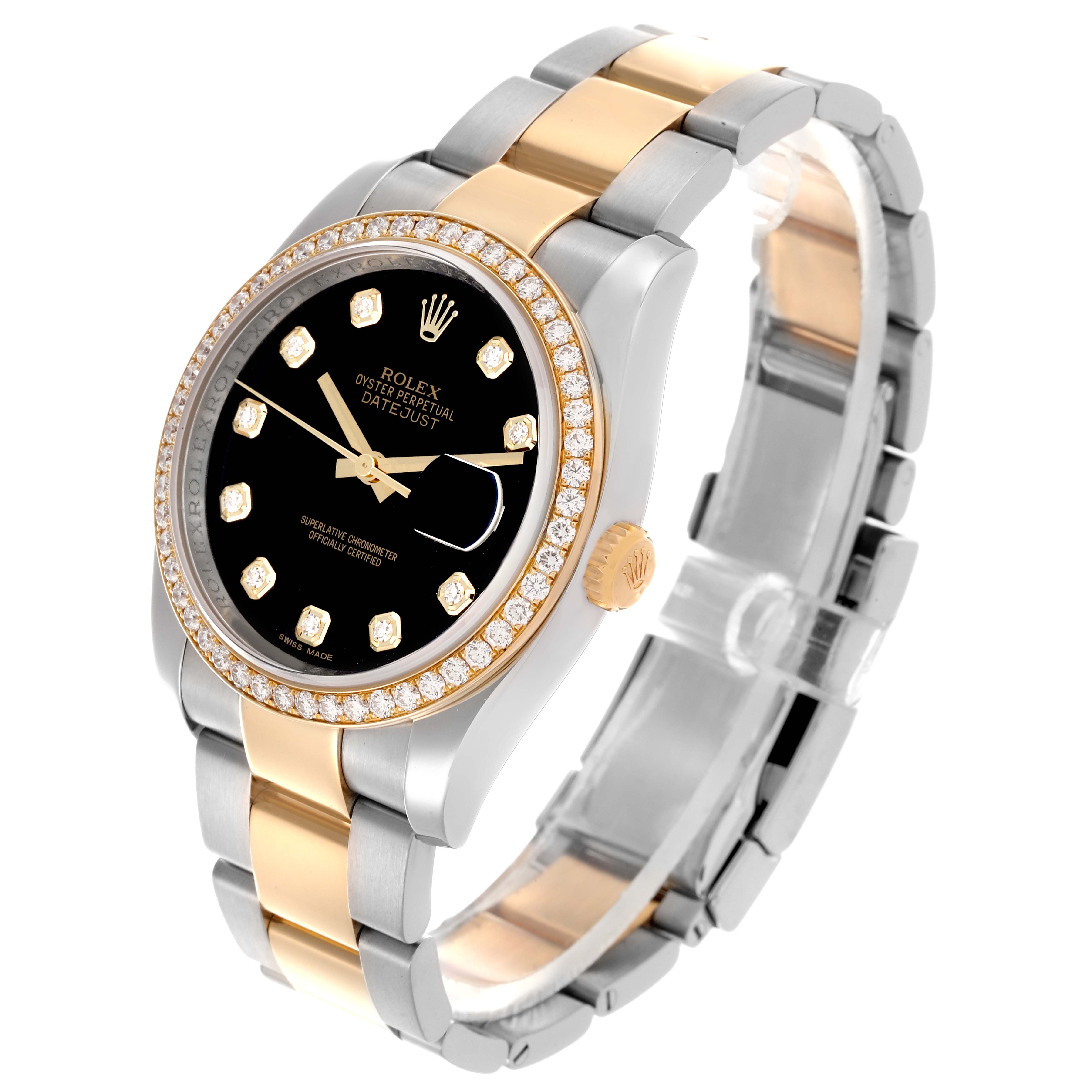 The Rolex Datejust 116243 Men's Steel and Gold (two tone) Black Dial 116243 Men's Steel and Gold (two tone) Black Dial watch is shown at a three-quarter angle, highlighting its black dial, diamond bezel, and two-tone bracelet.