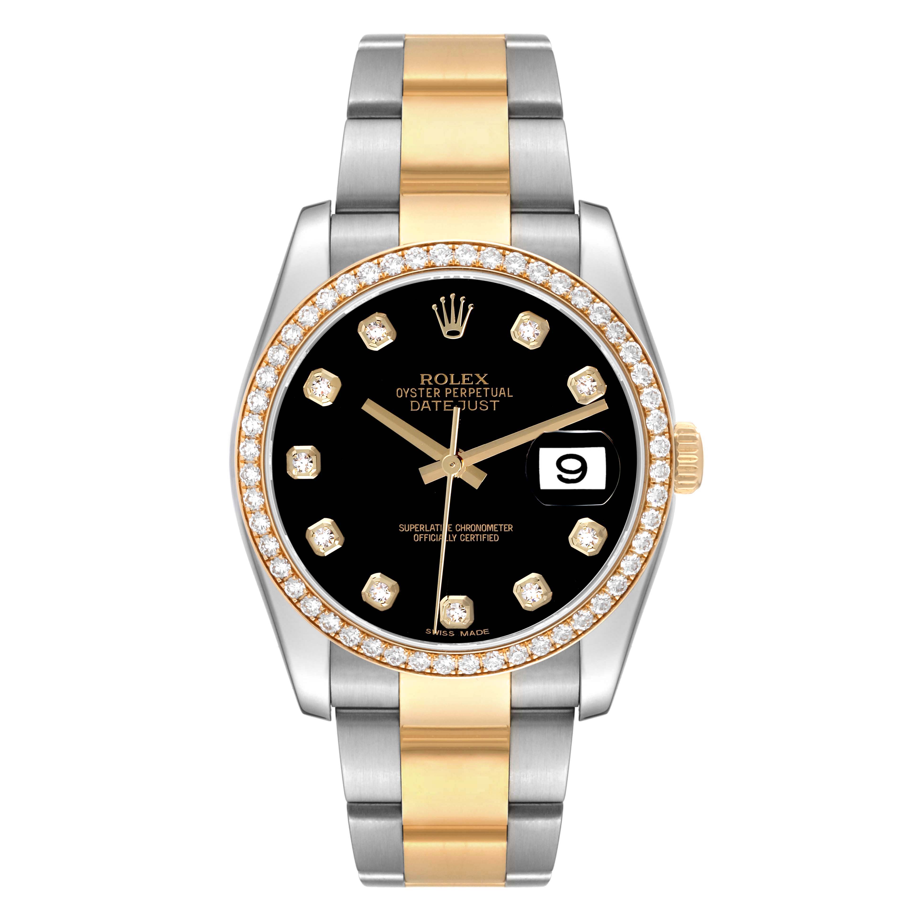The Rolex Datejust 116243 Men's Steel and Gold (two tone) Black Dial 116243 Men's Steel and Gold (two tone) Black Dial watch is shown from the front, highlighting the face, bezel, case, and bracelet.