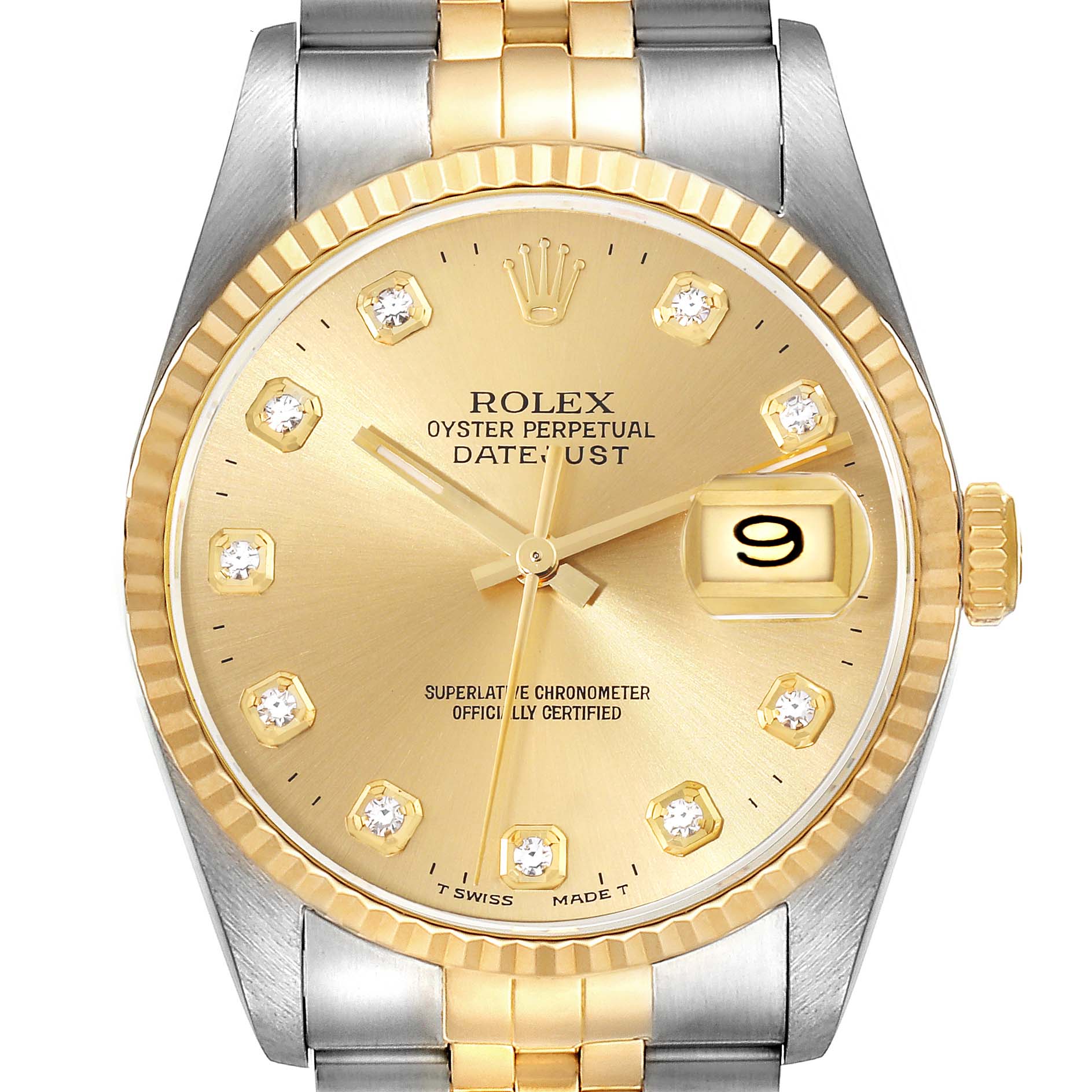 The image shows a front view of the Rolex Datejust 16233 Men's Steel and Gold (two tone) Champagne Dial 16233 Men's Steel and Gold (two tone) Champagne Dial watch highlighting its dial, bezel, and part of the bracelet.