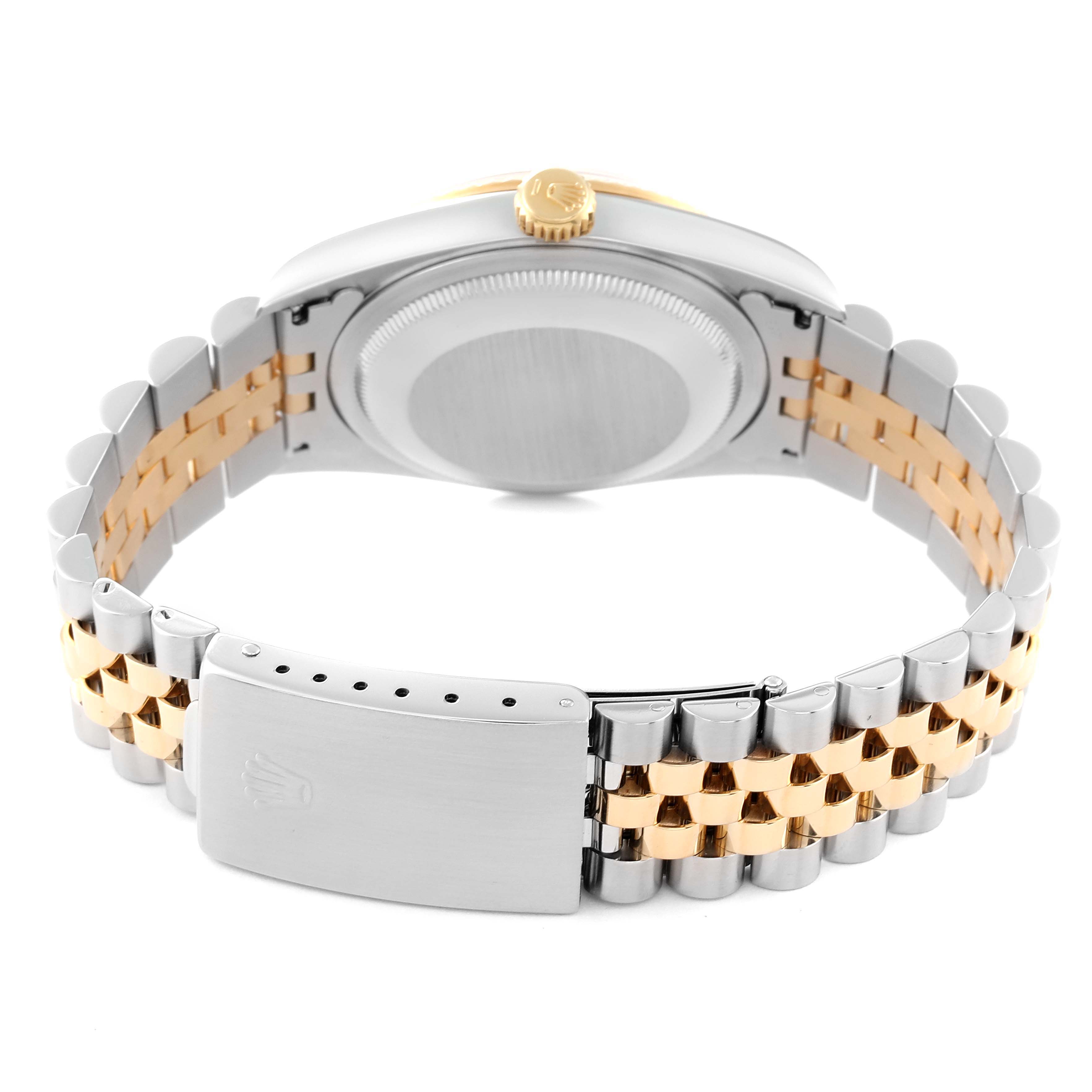 This image shows the back and side view of a Rolex Datejust 16233 Men's Steel and Gold (two tone) Champagne Dial 16233 Men's Steel and Gold (two tone) Champagne Dial watch with its clasp and Jubilee bracelet.