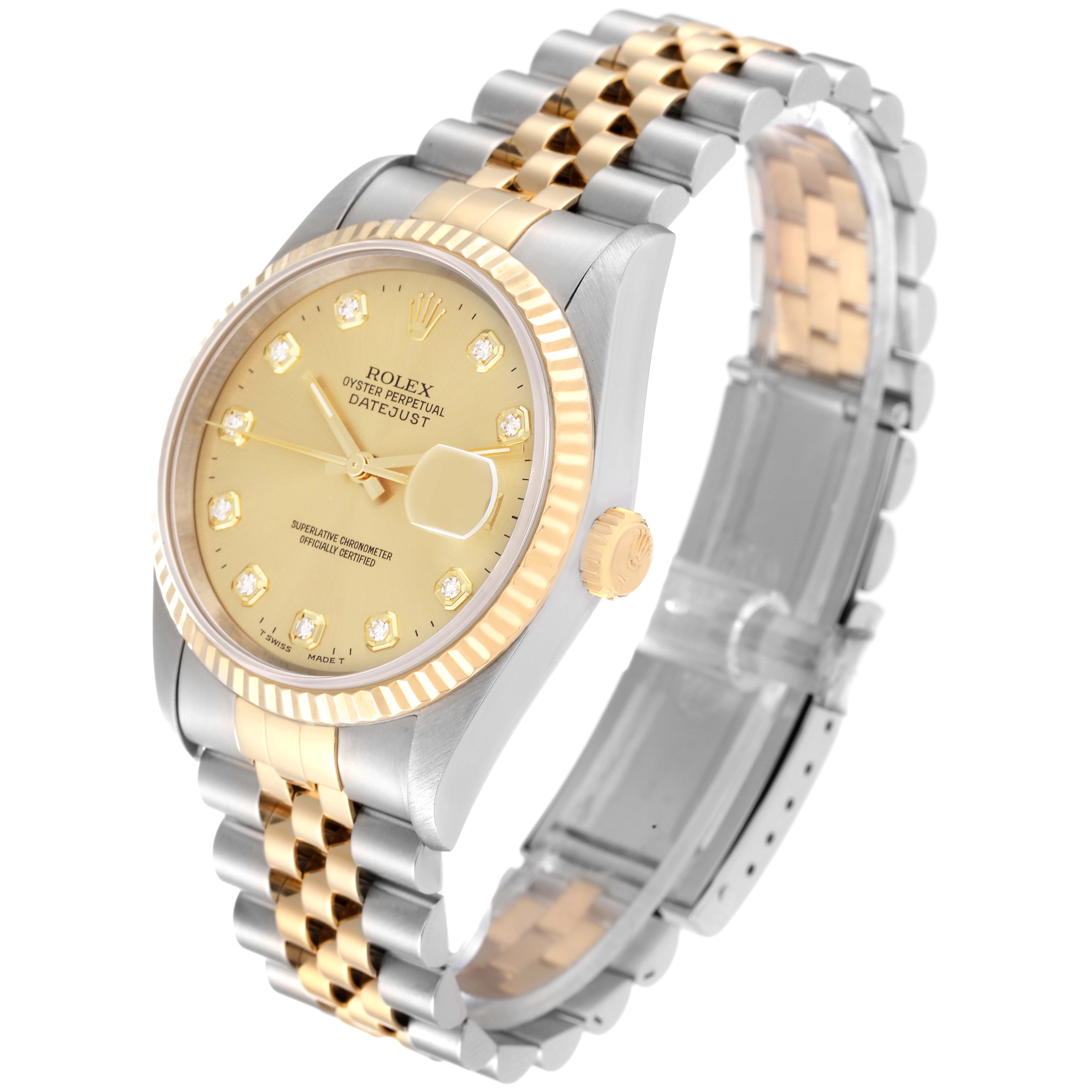 The image shows a Rolex Datejust 16233 Men's Steel and Gold (two tone) Champagne Dial 16233 Men's Steel and Gold (two tone) Champagne Dial watch from an angle that highlights its gold dial, bezel, and the two-tone bracelet.