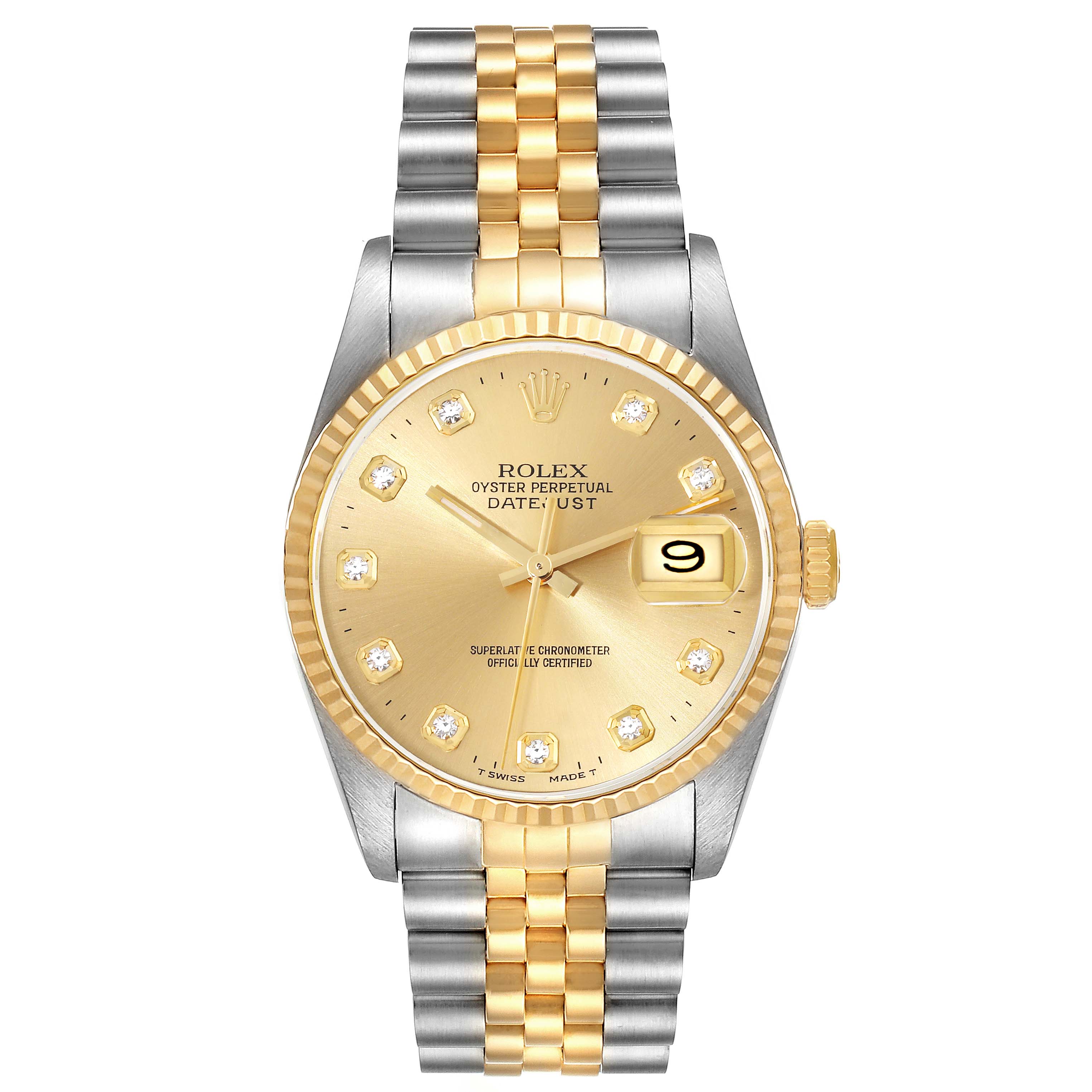 This image shows a front view of a Rolex Datejust 16233 Men's Steel and Gold (two tone) Champagne Dial 16233 Men's Steel and Gold (two tone) Champagne Dial watch, displaying the dial, hour markers, hands, and two-tone bracelet.