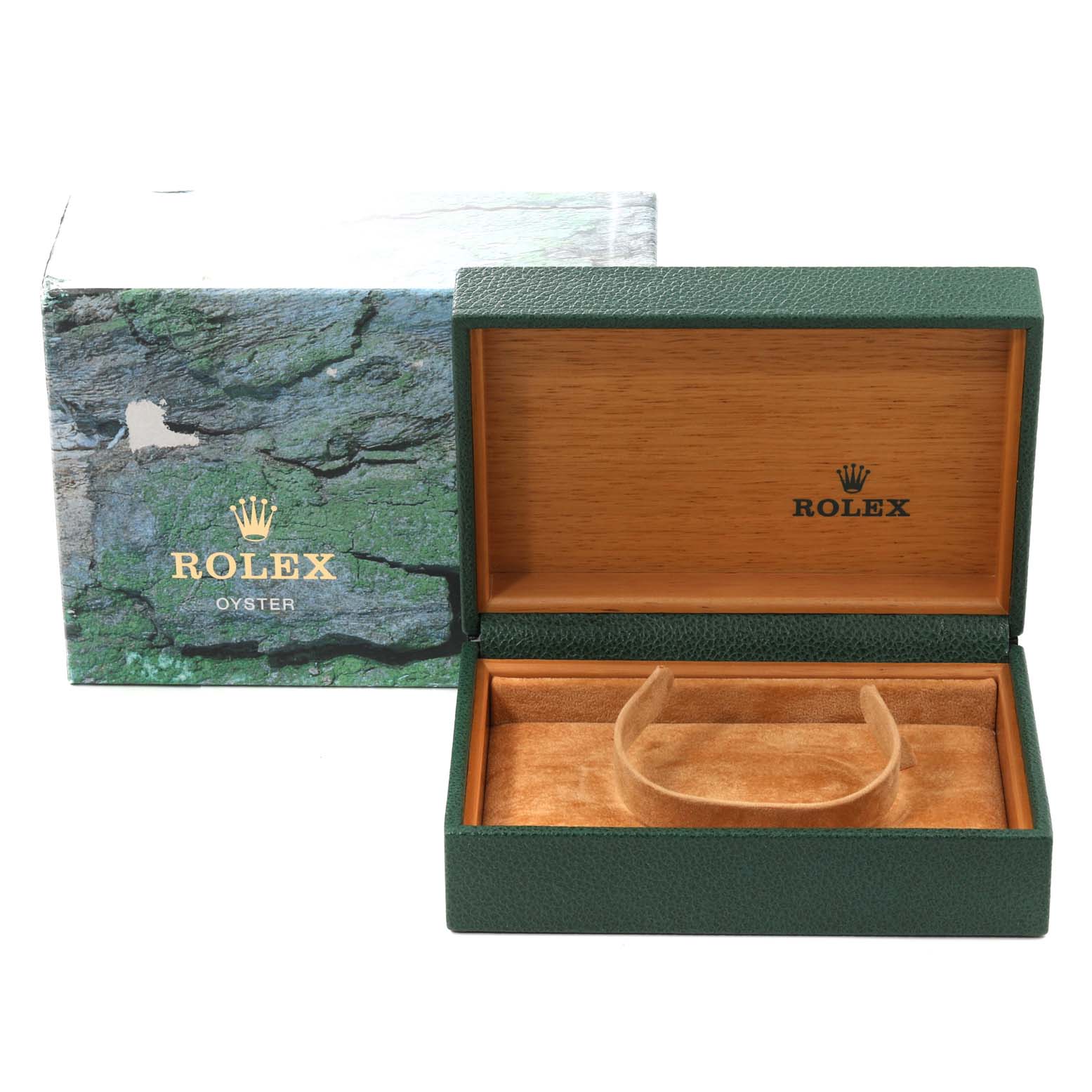 This image shows an open green Rolex Datejust 16233 Men's Steel and Gold (two tone) Champagne Dial 16233 Men's Steel and Gold (two tone) Champagne Dial watch box and its outer packaging from a front angle.