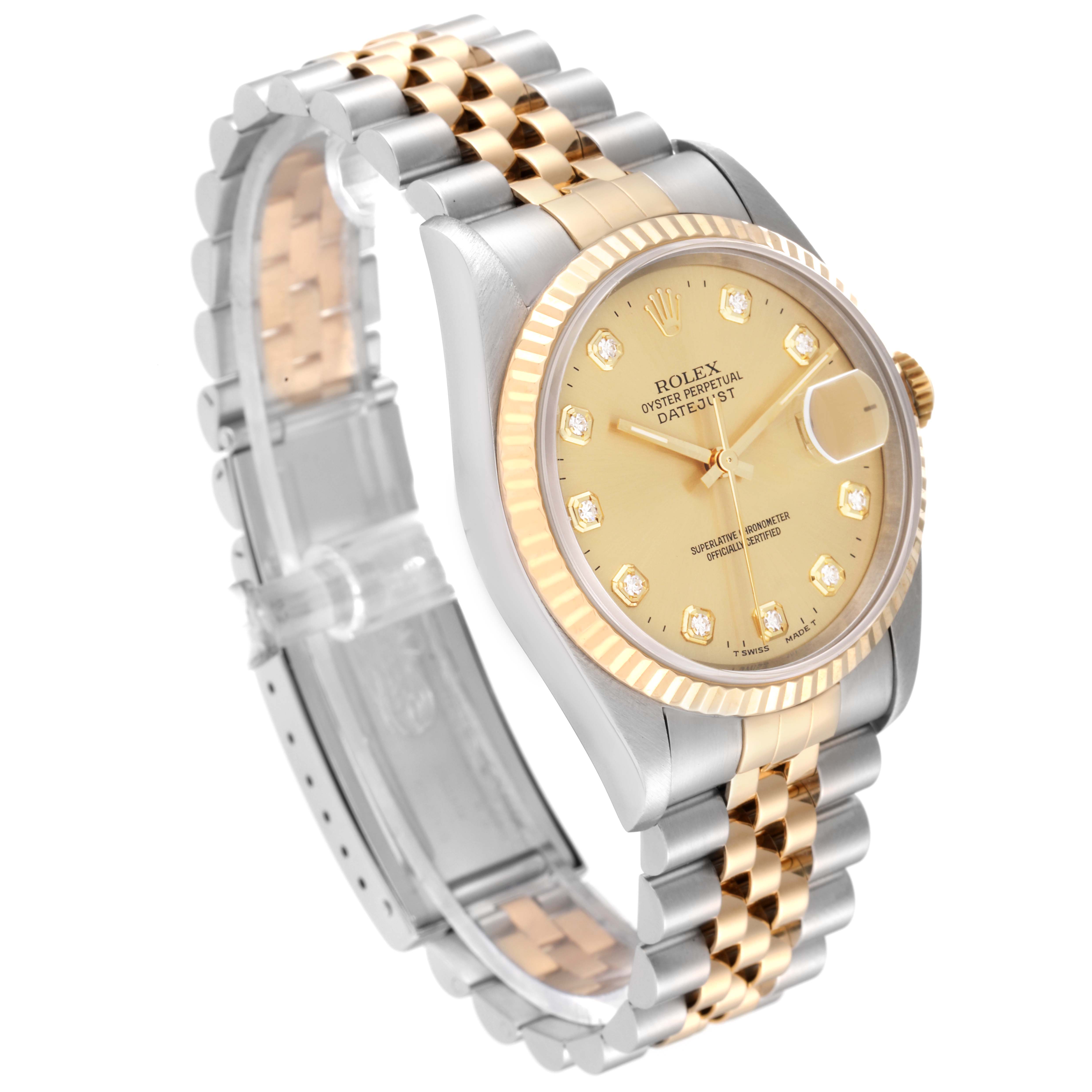 The image shows a Rolex Datejust 16233 Men's Steel and Gold (two tone) Champagne Dial 16233 Men's Steel and Gold (two tone) Champagne Dial watch at an angle displaying its face, bezel, and two-tone bracelet.